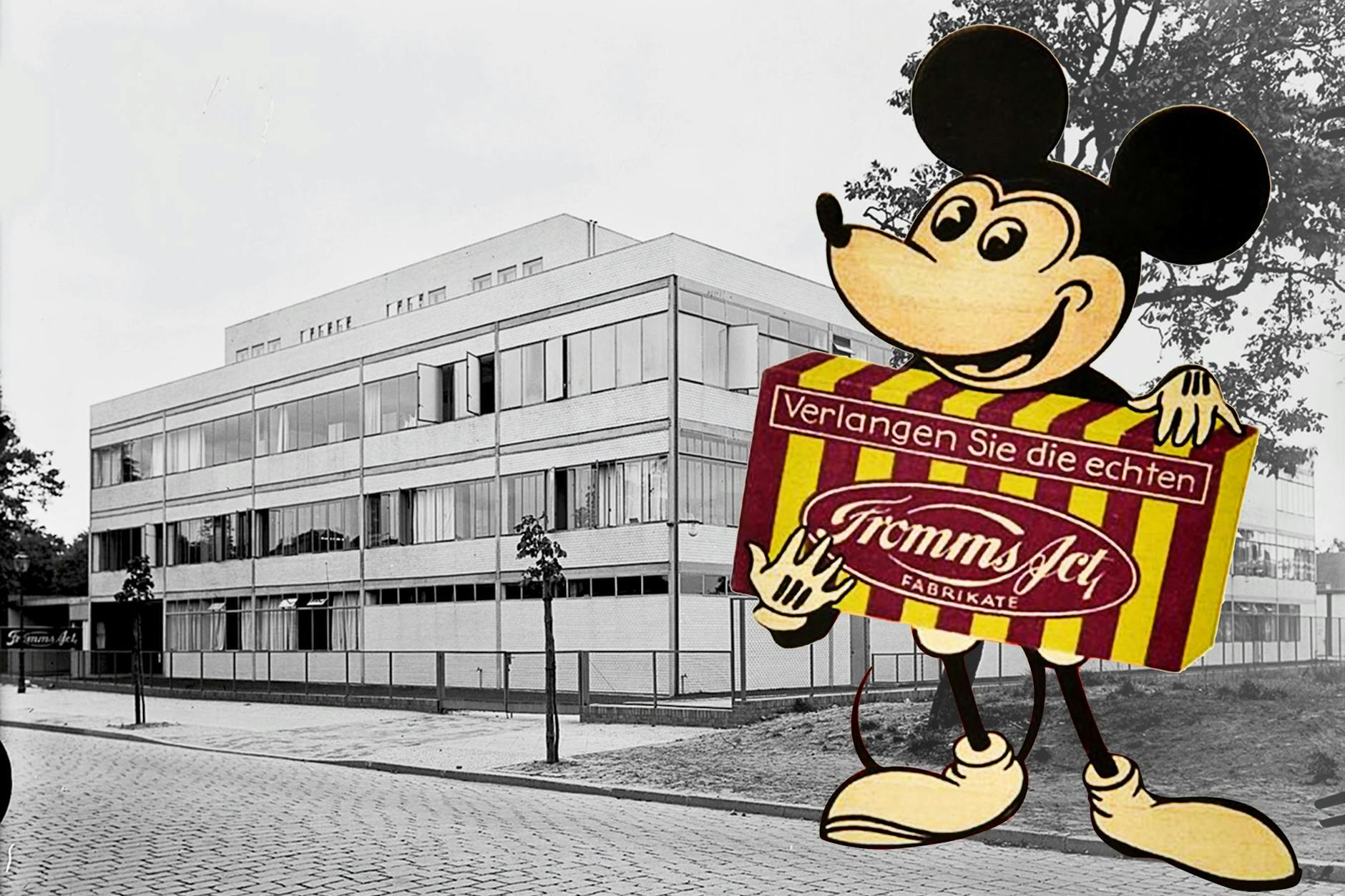 Als gewitzter Geschäftsmann warb Julius Fromm mit der Trickfilmfigur Micky Maus, hier ein Aufsteller. In den Jahren 1930/31 ließ er sich in Köpenick dieses avantgardistische Werk bauen.