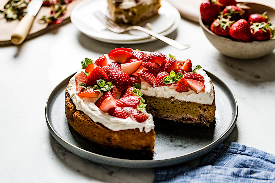 Der Erdbeerkuchen mit Pudding ist eine wahre Köstlichkeit.