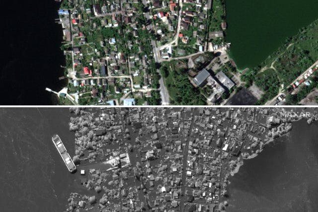 Vorher-Nachher-Satellitenaufnahme zeigt ein Wohngebiet im Südosten der Stadt in der Südukraine vor der Staudamm-Explosion.