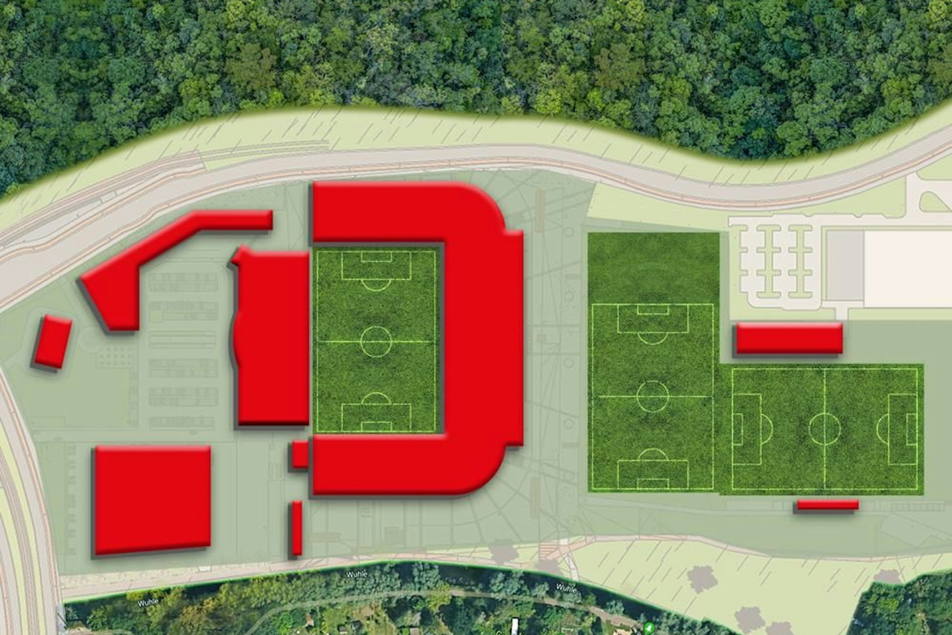 Auf dem Gelände des 1. FC Union Berlin wird für die Profis ein neues Trainingsgelände inklusive Funktionstrakt gebaut (rechte Bildhälfte).