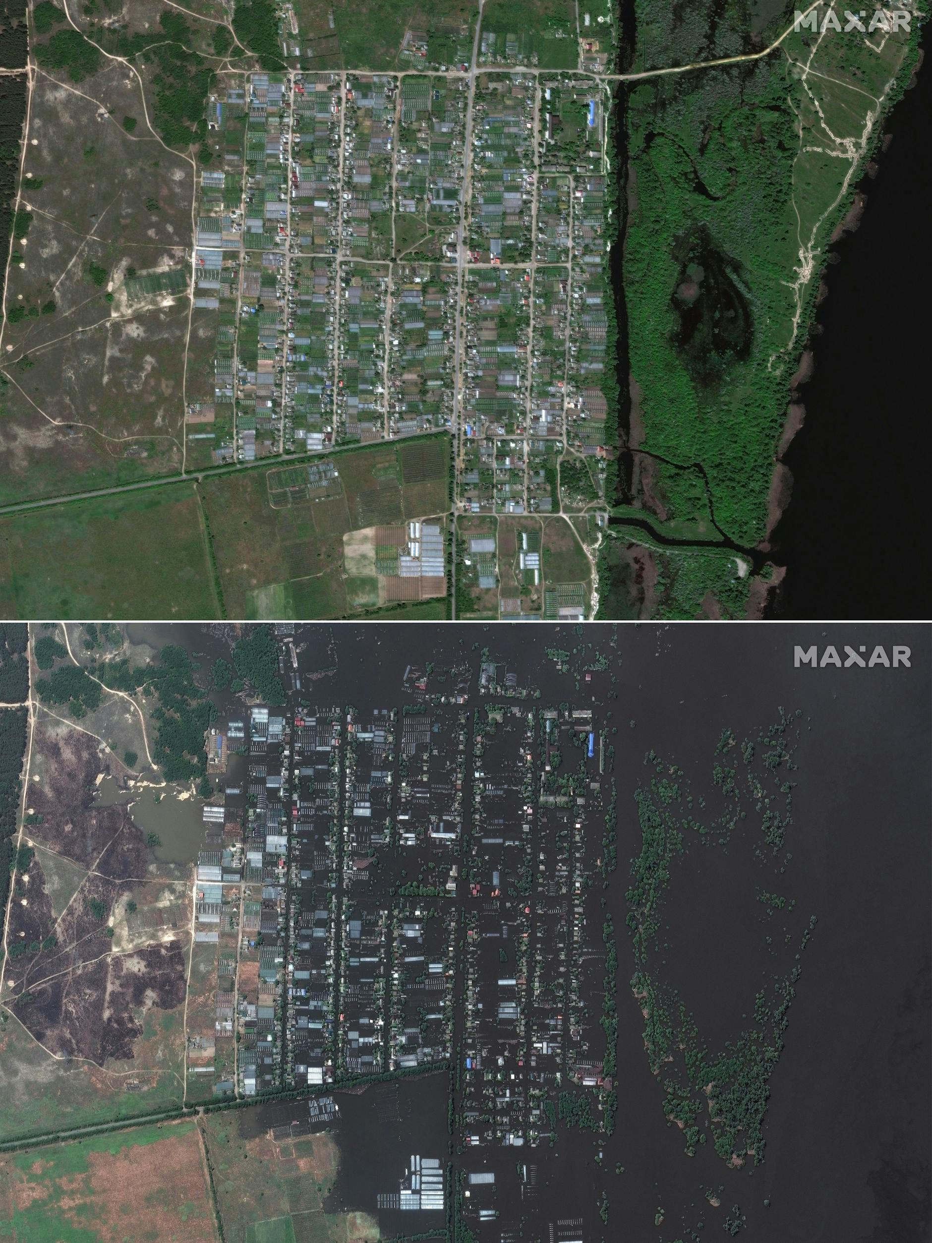 Das von Maxar Technologies zur Verfügung gestellte Satellitenbild zeigt den russisch besetzten Ort Korsunka vor der Überschwemmung und nach Sprengung des Kachowka-Staudamms.