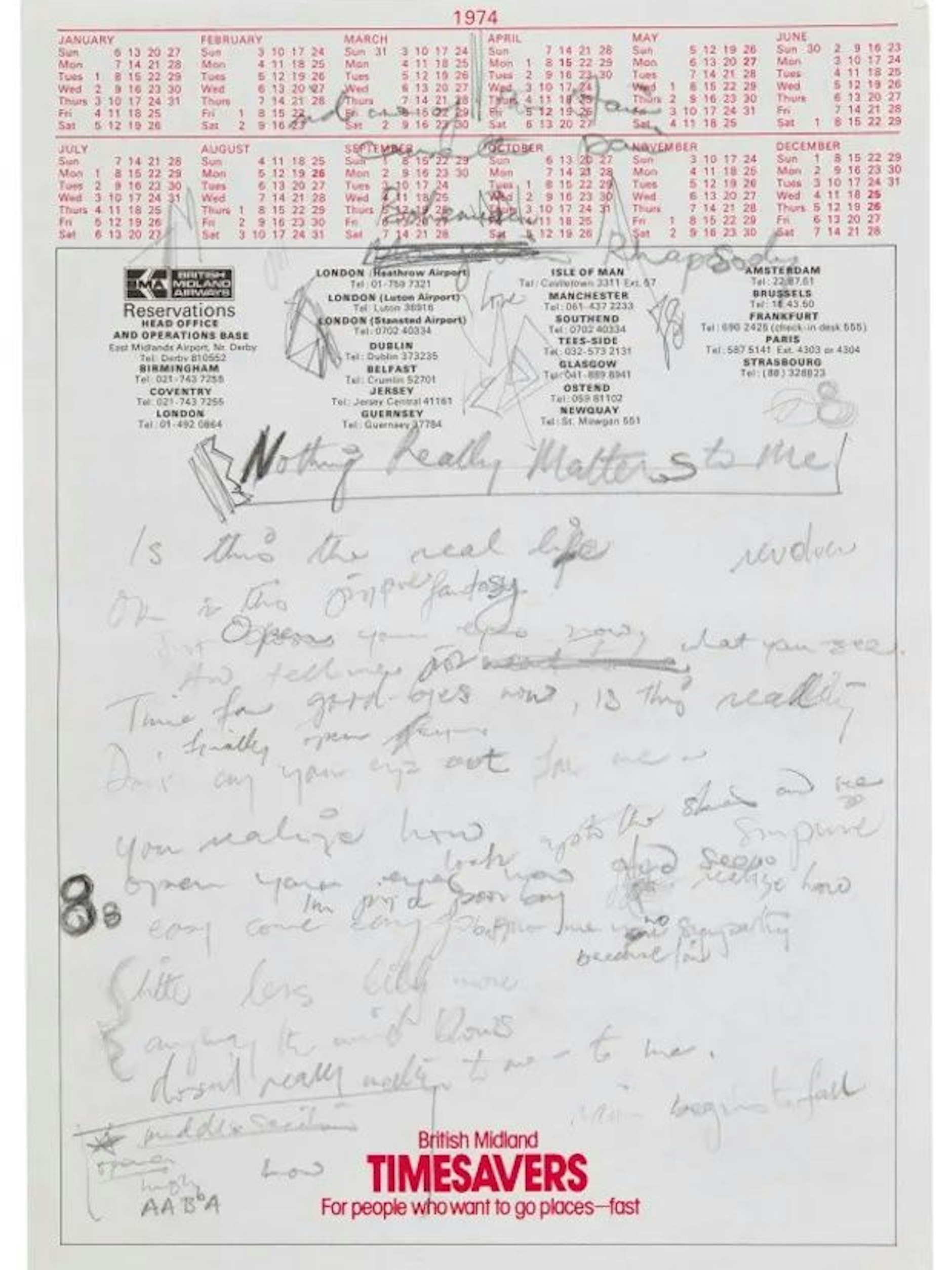 One of 15 pages of the manuscript immortalizing the original lyrics for Bohemian Rhapsody