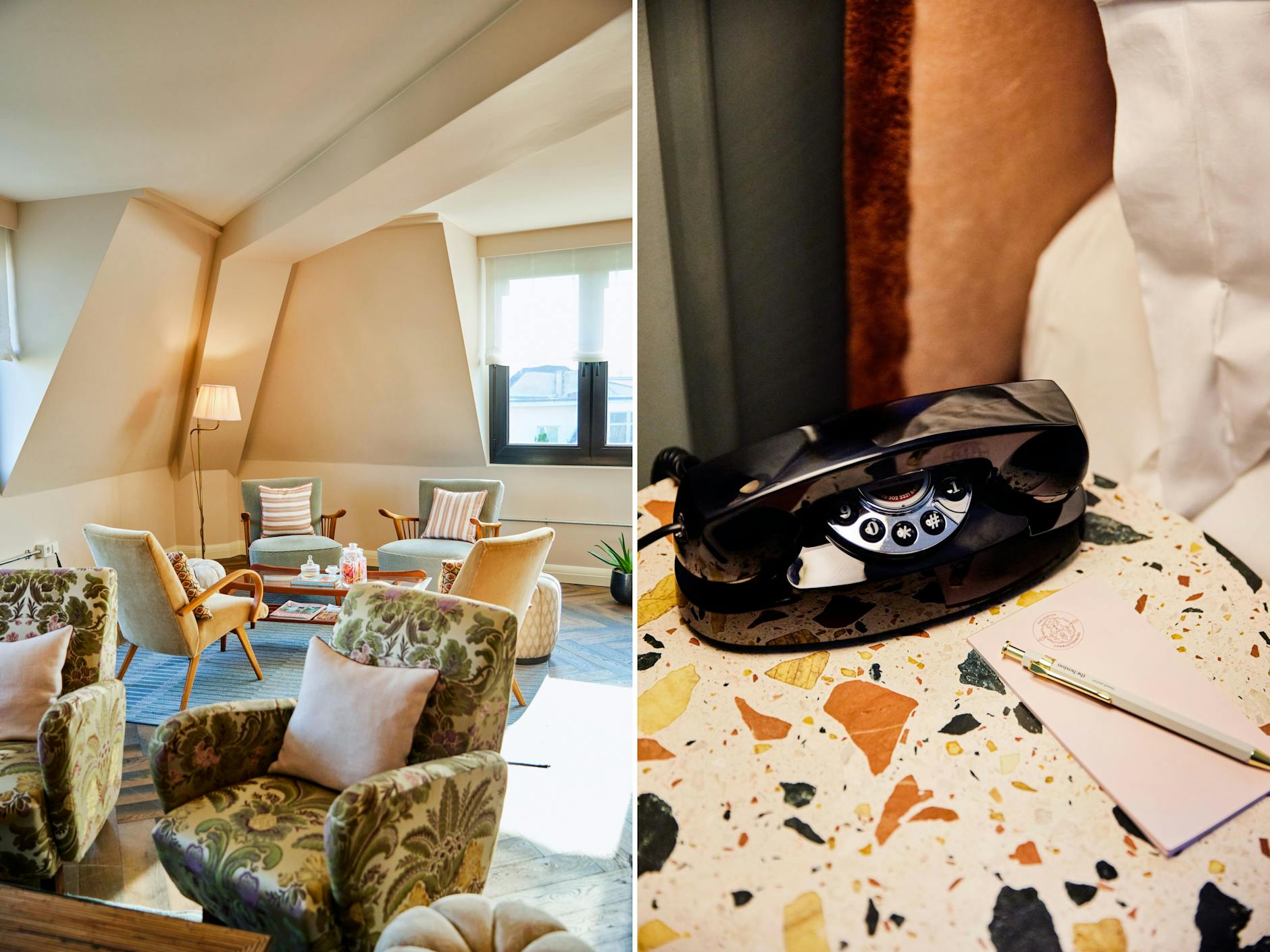 Links: Ganz oben im siebenstöckigen Altbau lässt sich The Apartment individuell buchen und bespielen. Rechts: Terrazzo-Flächen sind ein wiederkehrendes Motiv.