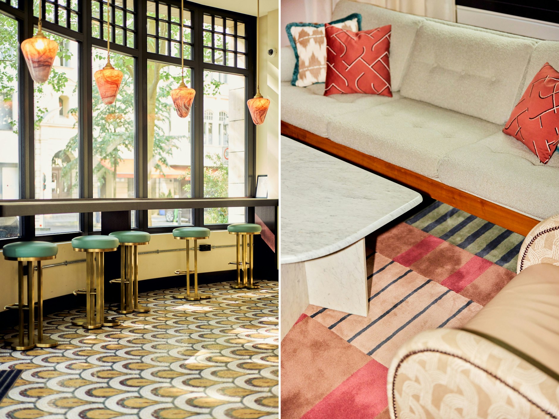 Links: Feine Mosaikböden, hier im fensterreichen Teehaus, dominieren das Hotel. Rechts: Das Team des Londoner AIME Studios beweist ein gutes Gefühl für Farben und Strukturen.