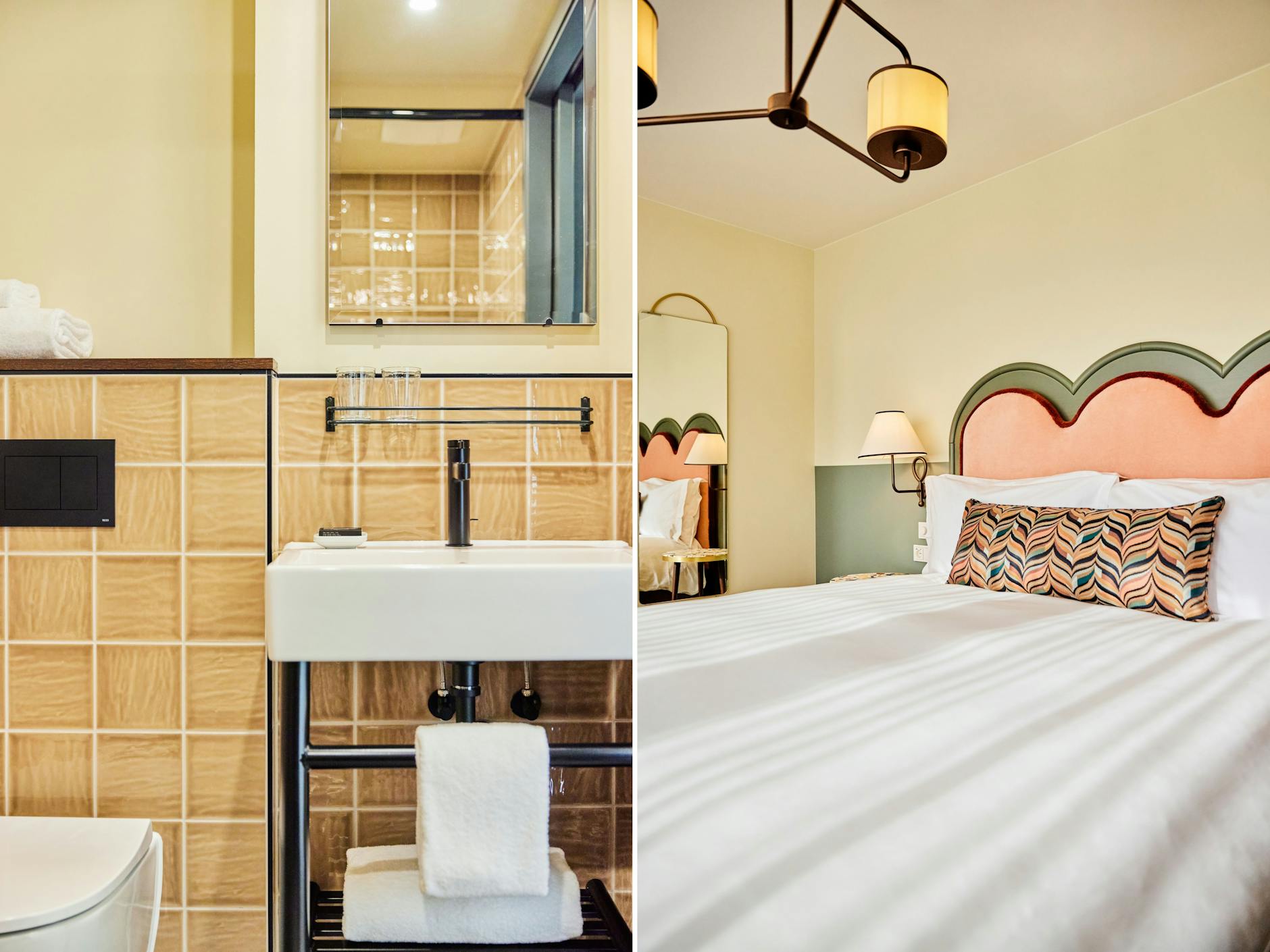 Links: Braun-beige Badfliesen transportieren keine biedere, aber eine heimelige Atmosphäre. Rechts: Die muschelförmigen Kopfteile wurden extra angefertigt.