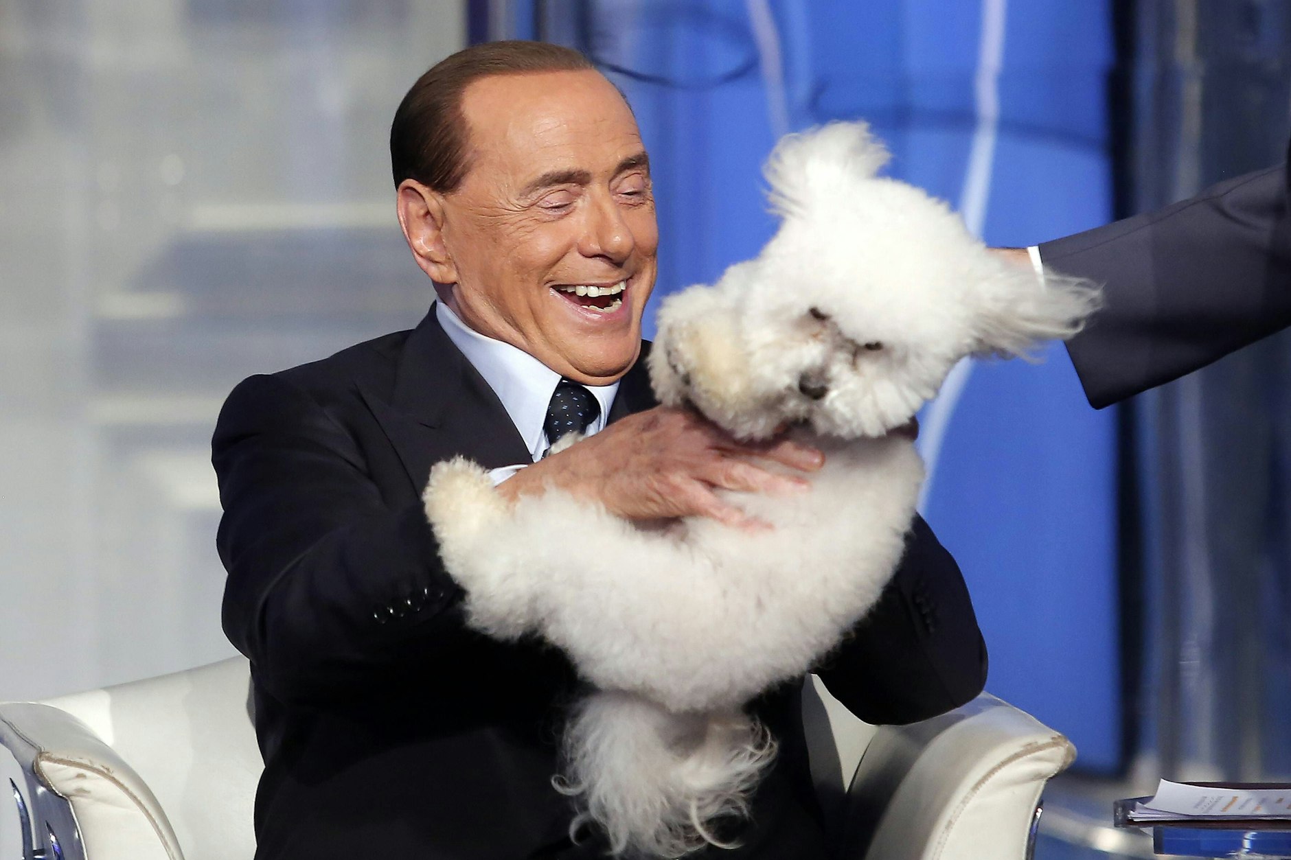 Silvio Berlusconi auf der Talkshow „Porta a Porta“ mit seinem Hund Dudu.