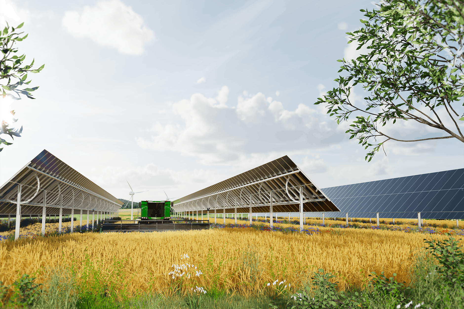 Agrikultur-Photovoltaik-Anlage mit flexibel ausgerichteten Modulen durch PV-Tracker und großen Abständen für die landwirtschaftliche Bewirtschaftung.