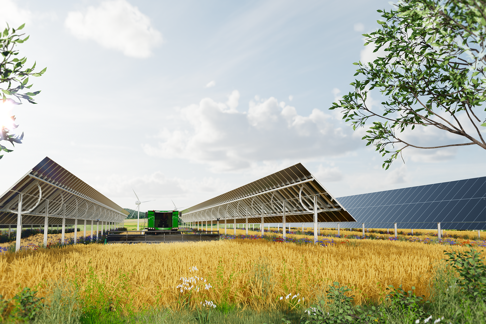 Agrikultur-Photovoltaik-Anlage mit flexibel ausgerichteten Modulen durch PV-Tracker und großen Abständen für die landwirtschaftliche Bewirtschaftung.