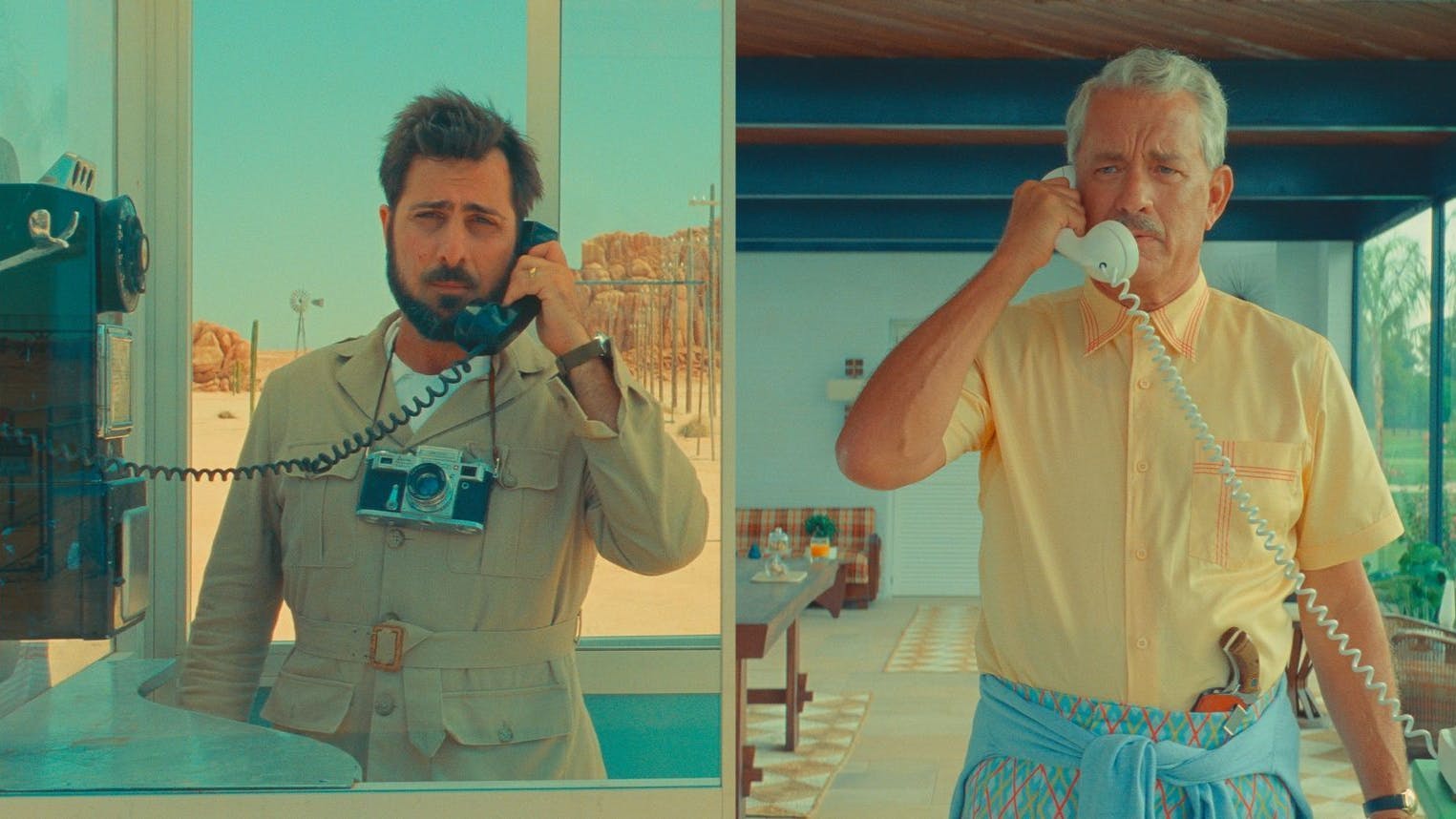 Jason Schwartzman als Augie Steenbeck und Tom Hanks als Schwiegervater in einer Szene des Films „Asteroid City“