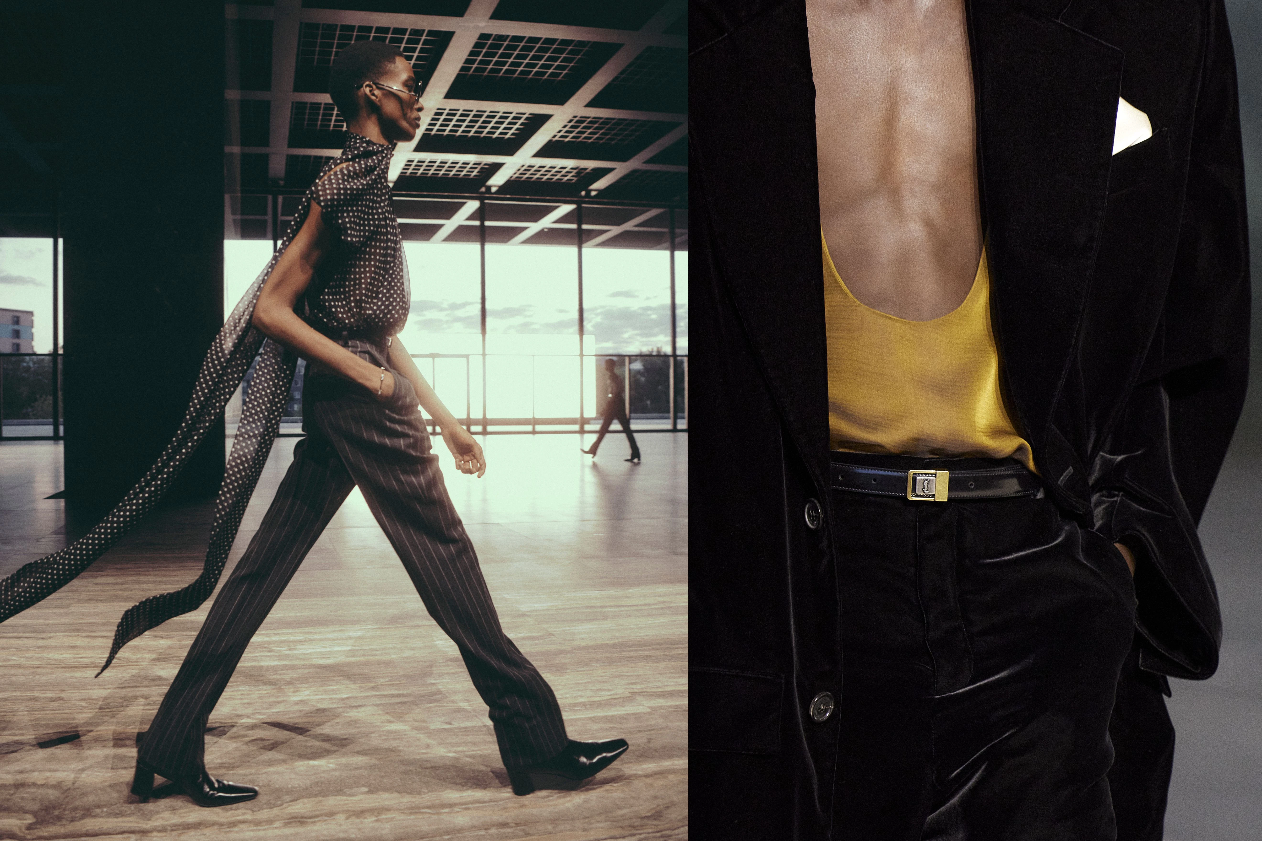 Die Saint-Laurent-Raffinesse: Polkadots und Schleppe, Nadelstreifen, Ausschnitte bis unter den Solar Plexus.