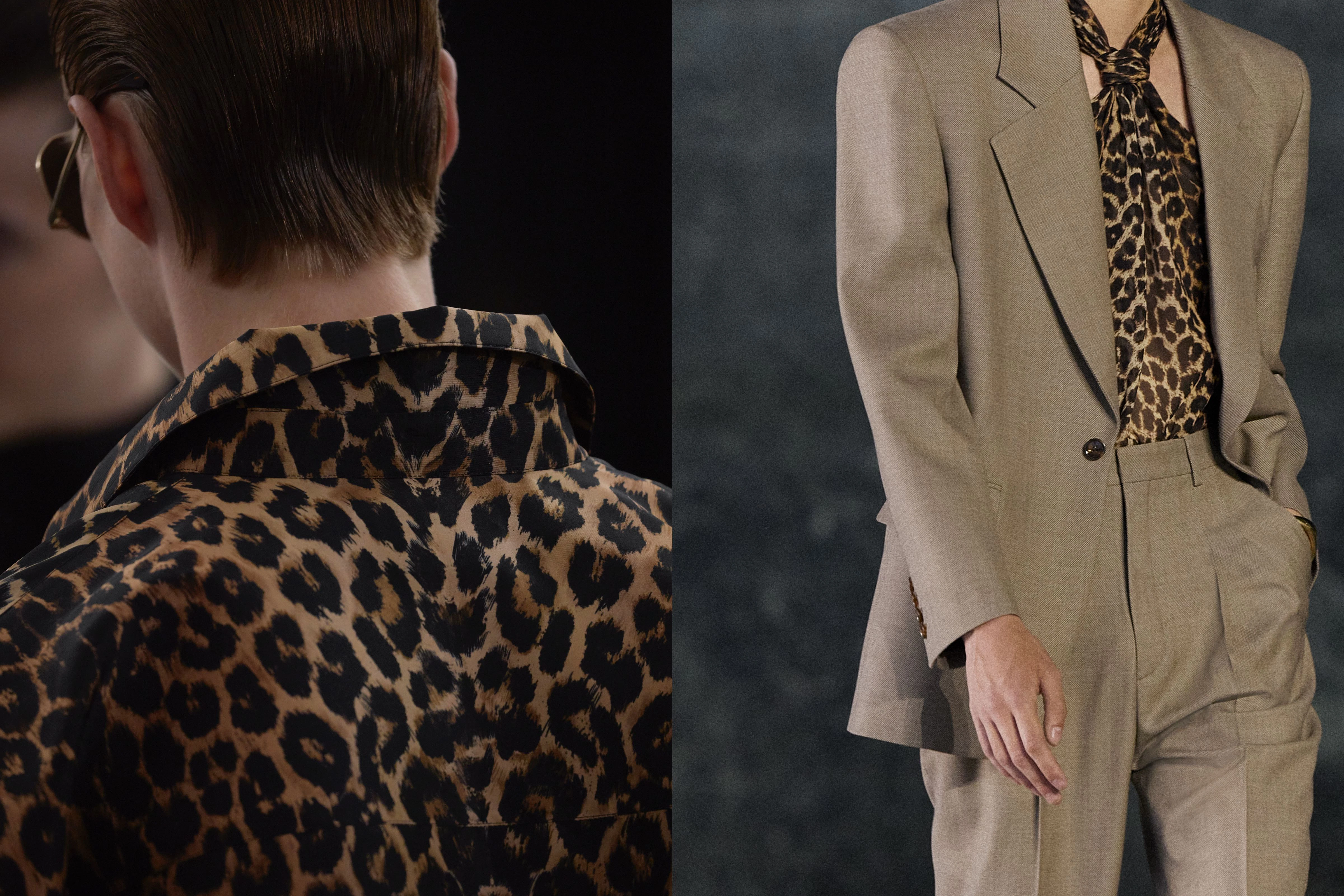 Leopardenmuster hat bei Saint Laurent Tradition. Am symmetrisch gemusterten Rückenteil des Mantels ist die präzise Verarbeitung des Stoffes erkennbar.