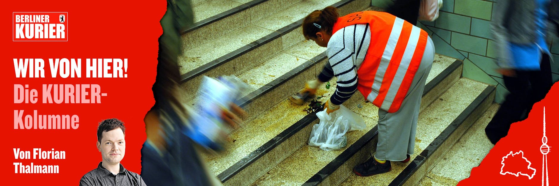 Eine Reinigungskraft entfernt am Bahnhof Alexanderplatz eine Bier-Pfütze von einer Treppe - solche Szenen gibt es in der Hauptstadt jeden Tag.