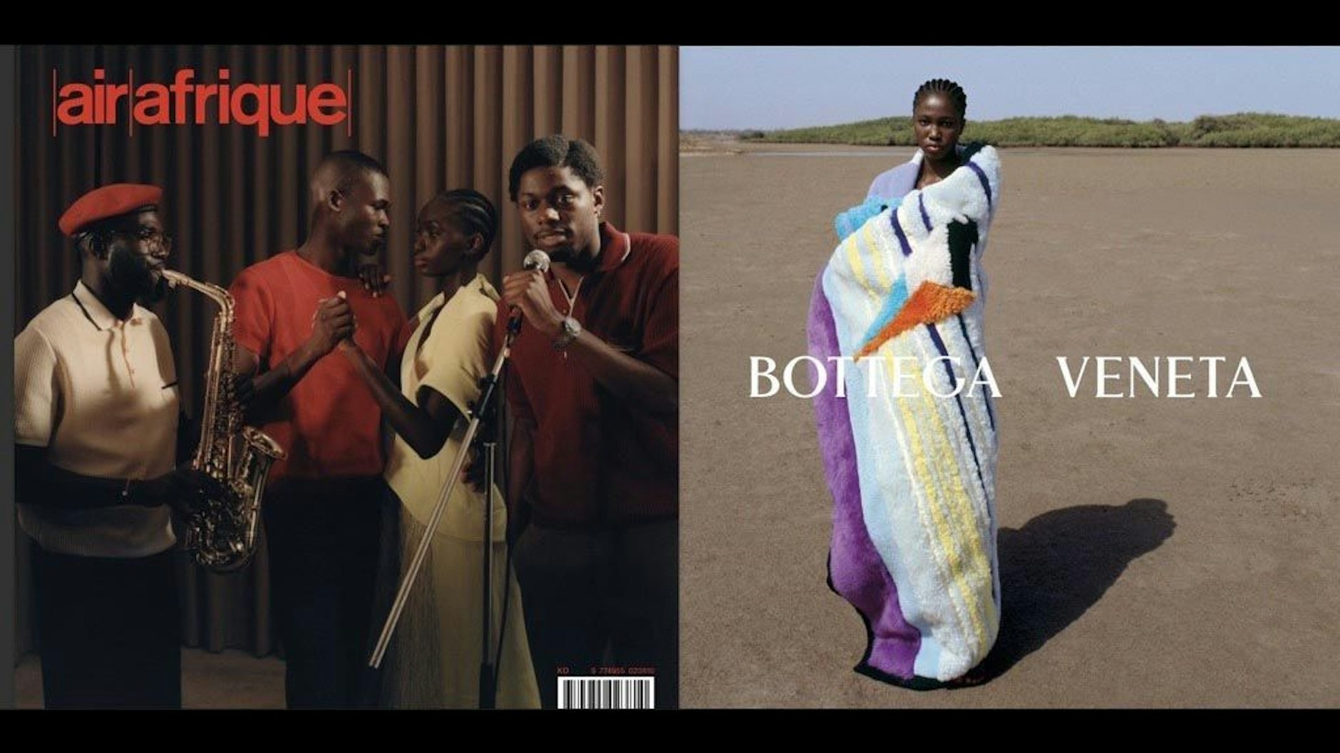 Pünktlich zur Paris Fashion Week auf dem Markt: Das wiederbelebte Inflight-Magazin von Air Afrique. Links: das Cover des Magazins, rechts: Kampagnenfoto mit Decke von Bottega Veneta.