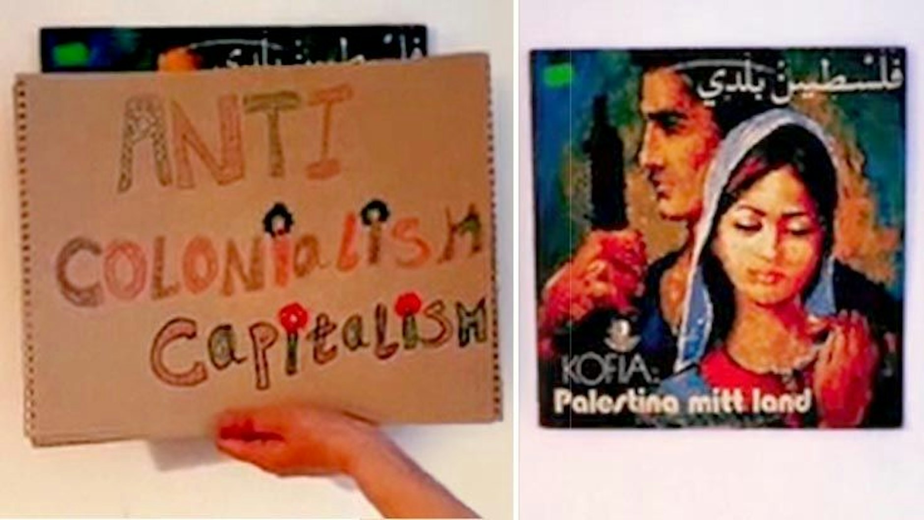 Zwei Videostills aus der Botschaft von Himmat Zoubi: Links eine der Pappen, die den Begriff Feministische Revolution definieren sollen. Rechts das enthüllte Plattencover der Band Kofia