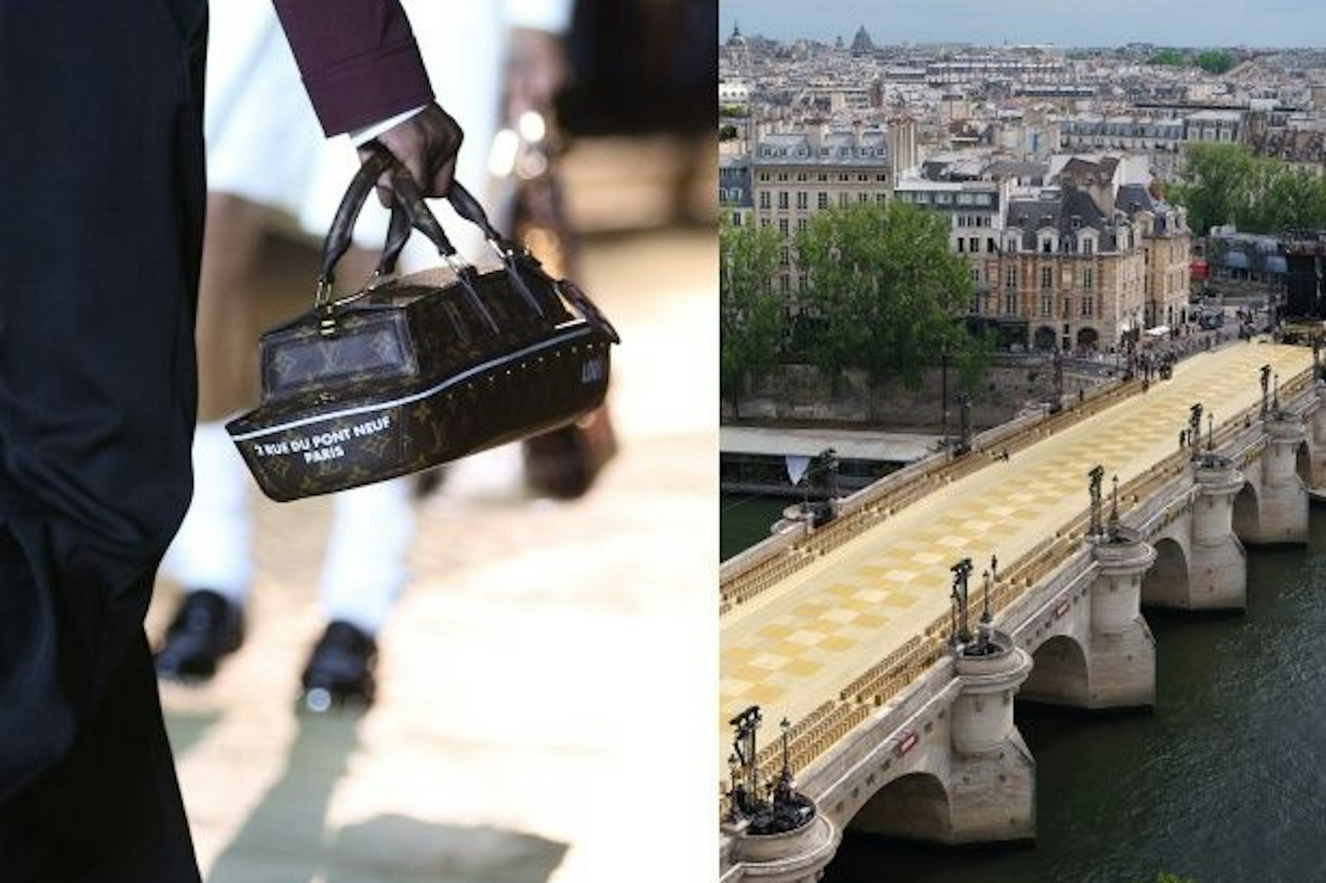 Links: Ein Model trägt eine bootsförmige Tasche mit der Adresse des Pariser Louis-Vuitton-Hauptquartiers in der Rue de Pont Neuf Nr. 2. Rechts: Die mit Damier-Muster beschichtete Brücke, die zum Runway wurde.