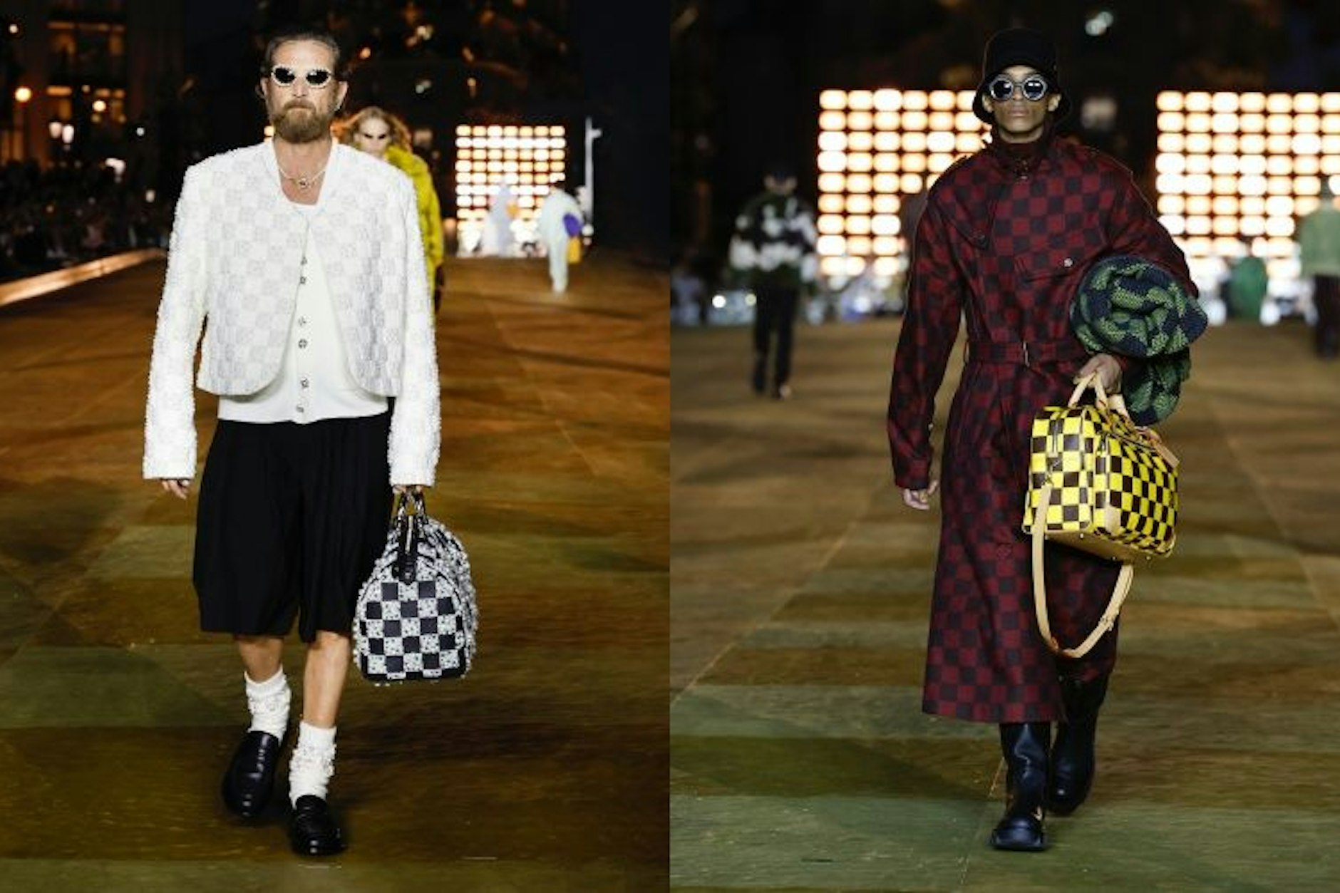 Louis Vuitton Menswear für den Sommer 2024: Damier-Muster, wohin das Auge blickt. Links vorgeführt von Stefano Pilati.