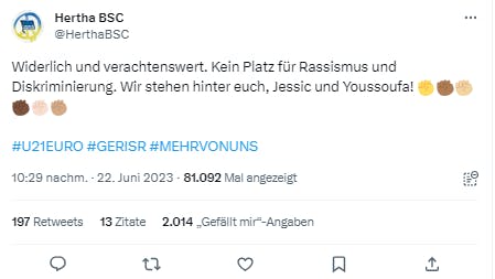 So reagierte Hertha BSC auf den Rassismus-Skandal bei der U21-EM via Twitter.