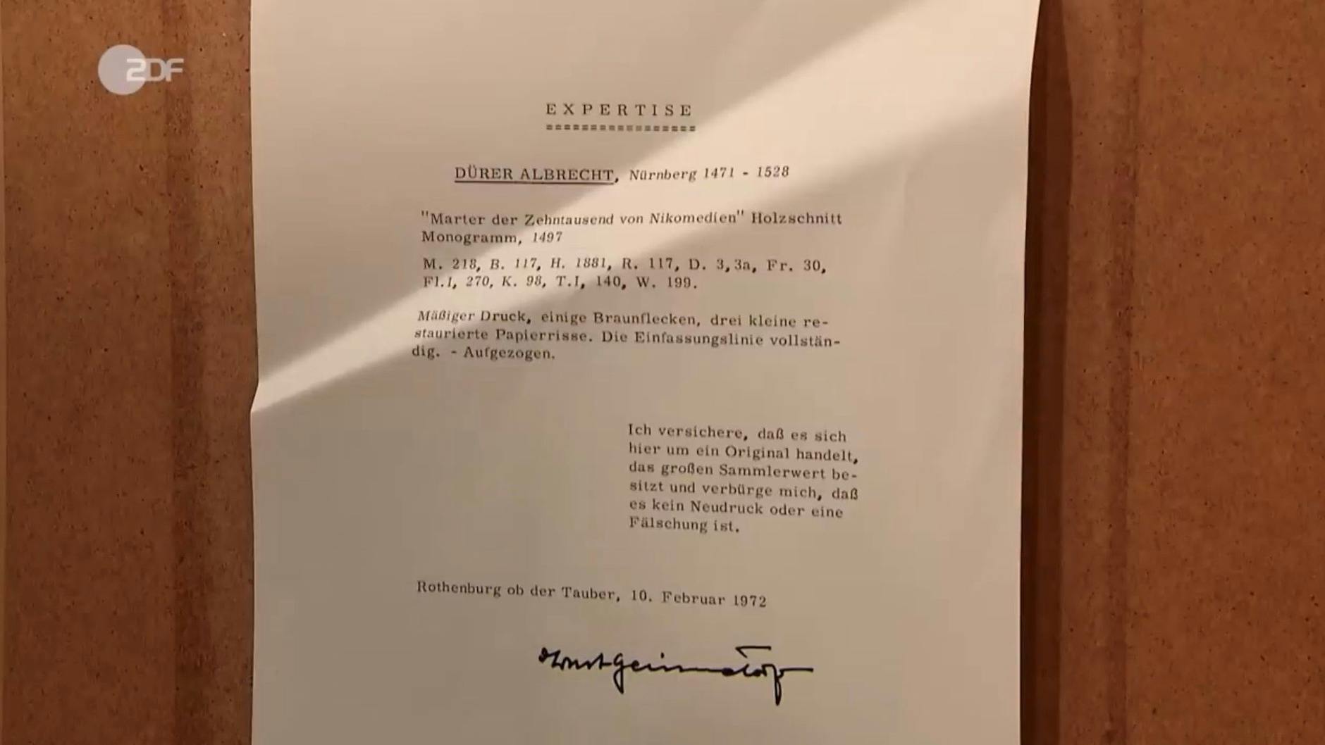 Bei „Bares für Rares“ bestätigt eine Urkunde die Echtheit des uralten Holzdrucks von Albrecht Dürer.