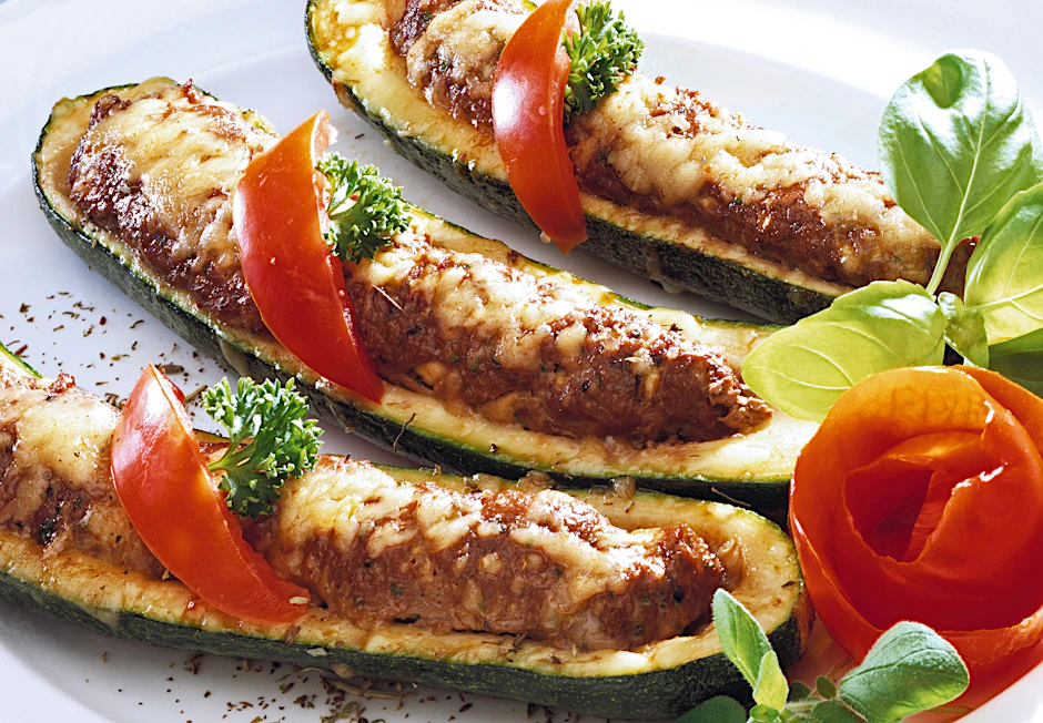 Gefüllte und überbackene Zucchini aus dem Ofen - das deftige Gericht schmeckt Familie und Freunden.&nbsp;