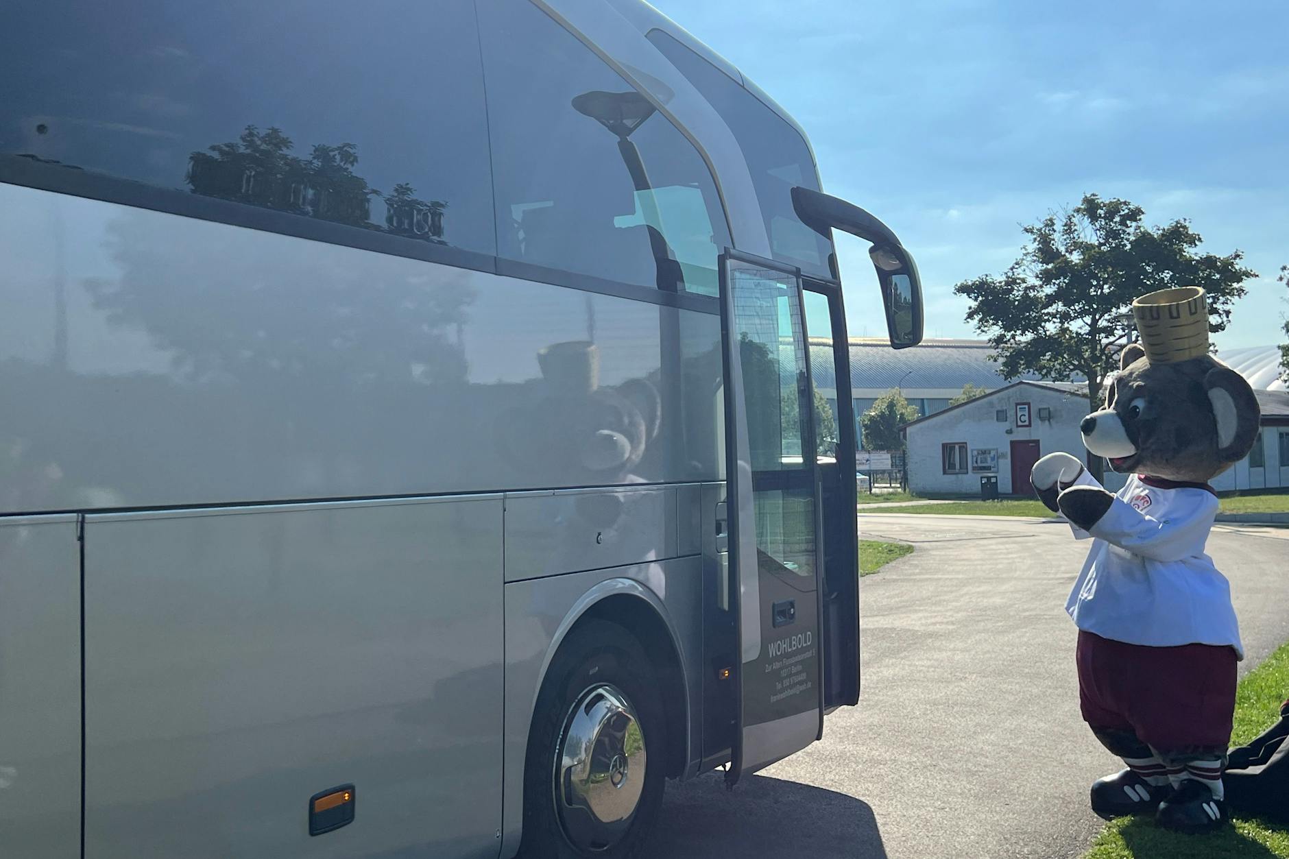 Teddy, das Maskottchen des BFC ist traurig, weil er nicht mit nach Anklam fahren darf.