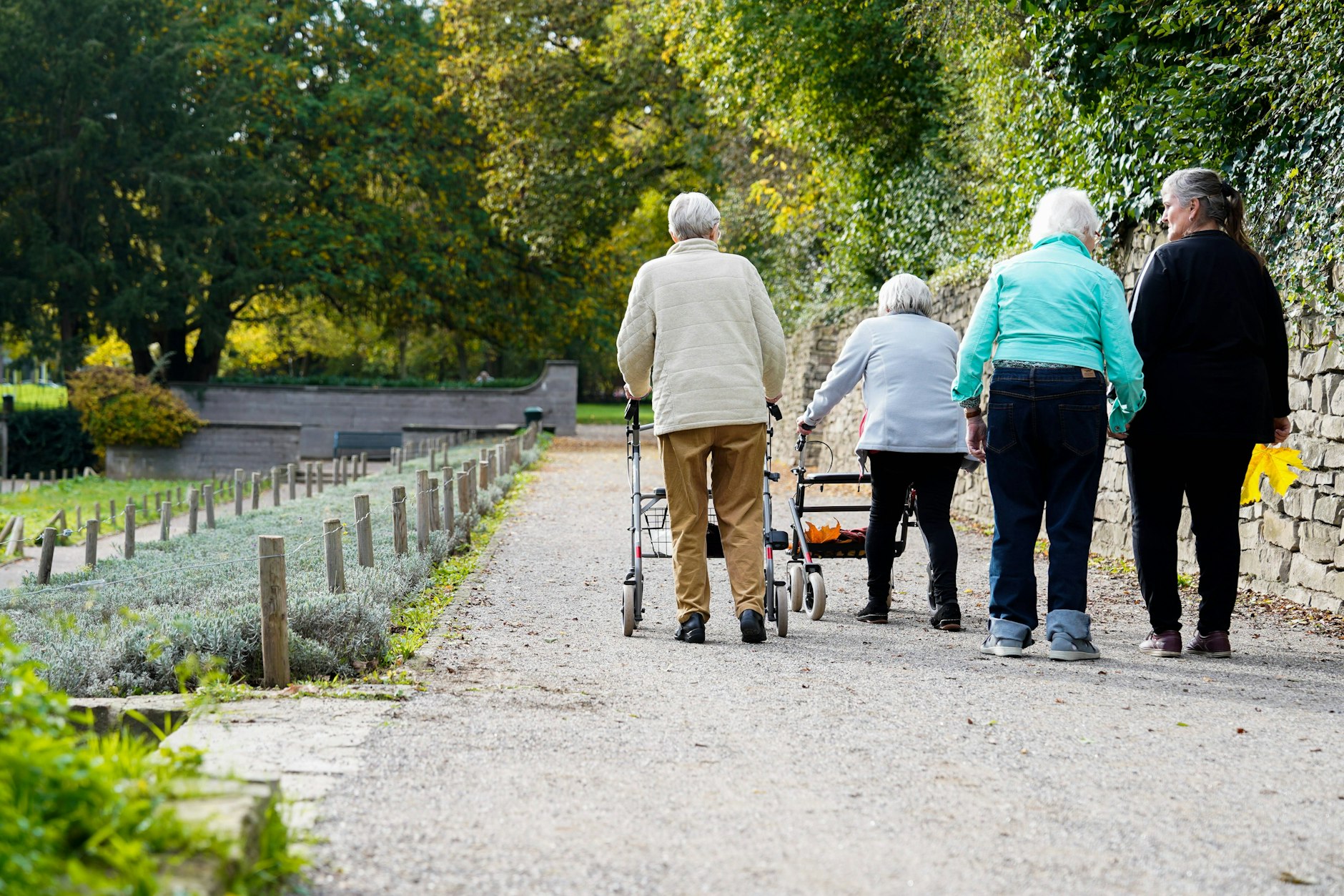 Senioren und Seniorinnen beim Spazierengehen im Park