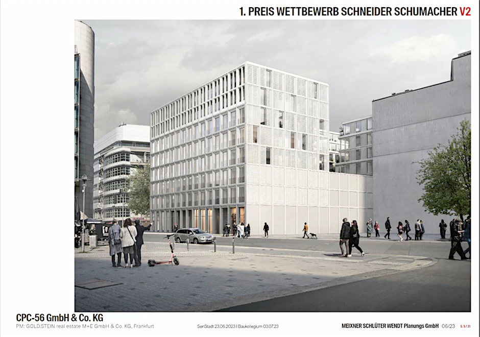 Wettbewerbssieger: So stellt sich das Büro Schneider Schumacher das geplante Wohnhaus neben dem Bildungs- und Erinnerungsort am Checkpoint Charlie vor.