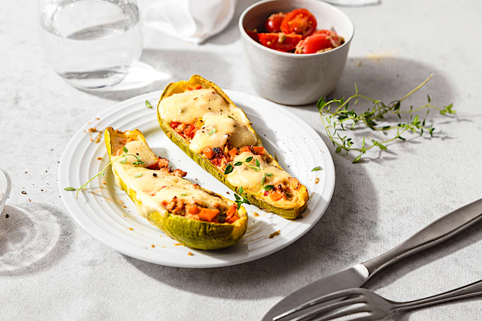 Die überbackenen Zucchini-Boote sind ein köstliches Gericht für ein leichtes Abendbrot.