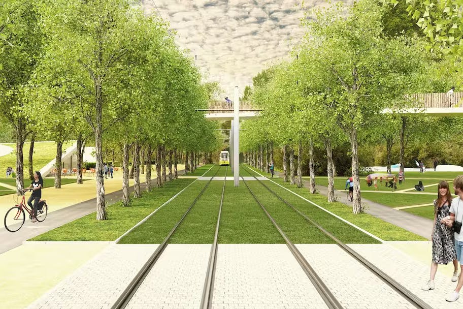 Auf dem Rasengleis 200 Meter durch den Görlitzer Park. So soll die Straßenbahnstrecke von der Warschauer Straße zum Hermannplatz im Bereich der Kreuzberger Grünanlage aussehen. 