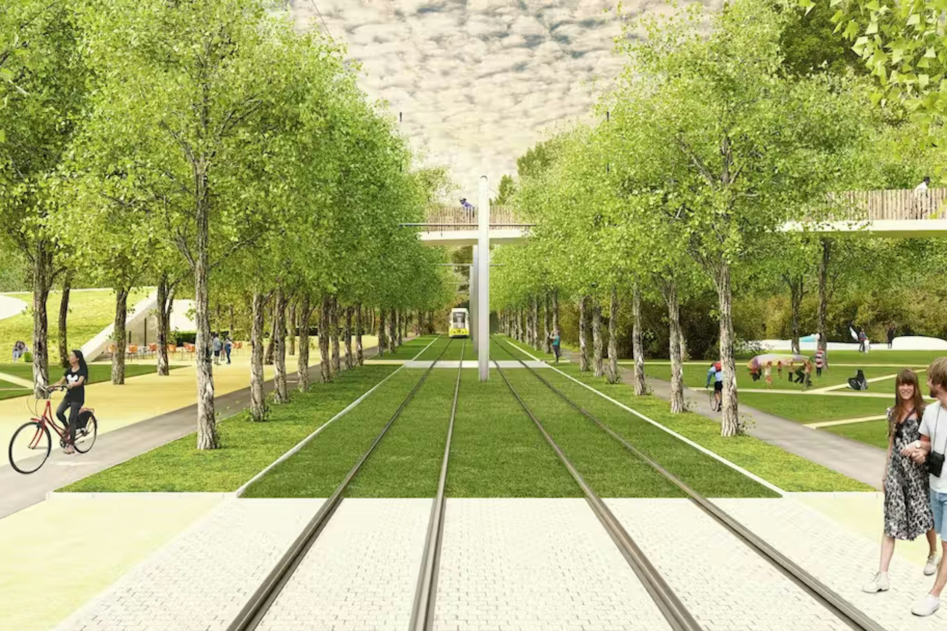 Auf dem Rasengleis 200 Meter durch den Görlitzer Park. So soll die Straßenbahnstrecke von der Warschauer Straße zum Hermannplatz im Bereich der Kreuzberger Grünanlage aussehen.&nbsp;