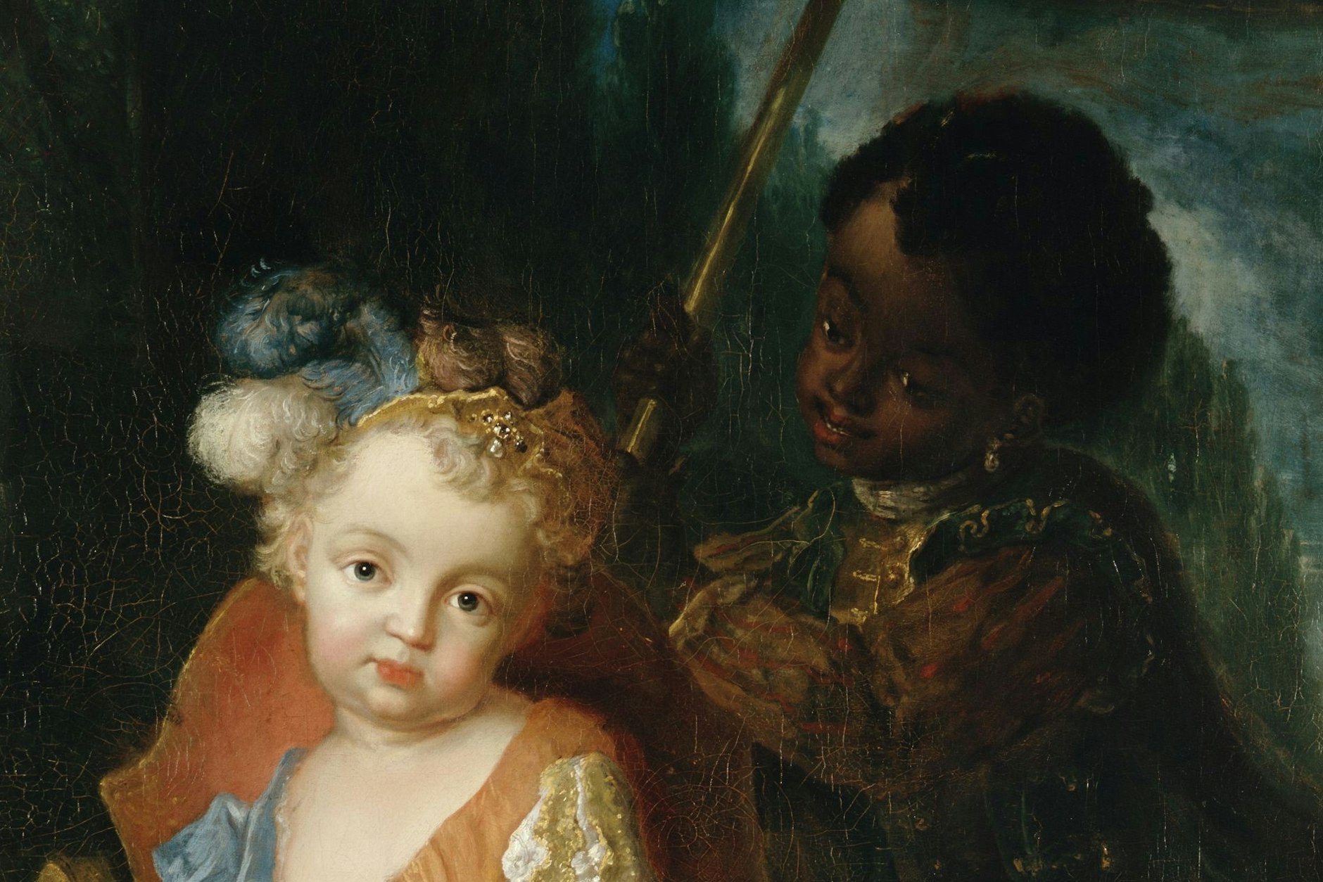 Das in der Ausstellung in Charlottenburg gezeigte Gemälde von Antoine Pesne, „Prinz Friedrich Ludwig in Preußen (1707–1708) im Gartenwagen mit schwarzem Kammerdiener“, entstand 1711.