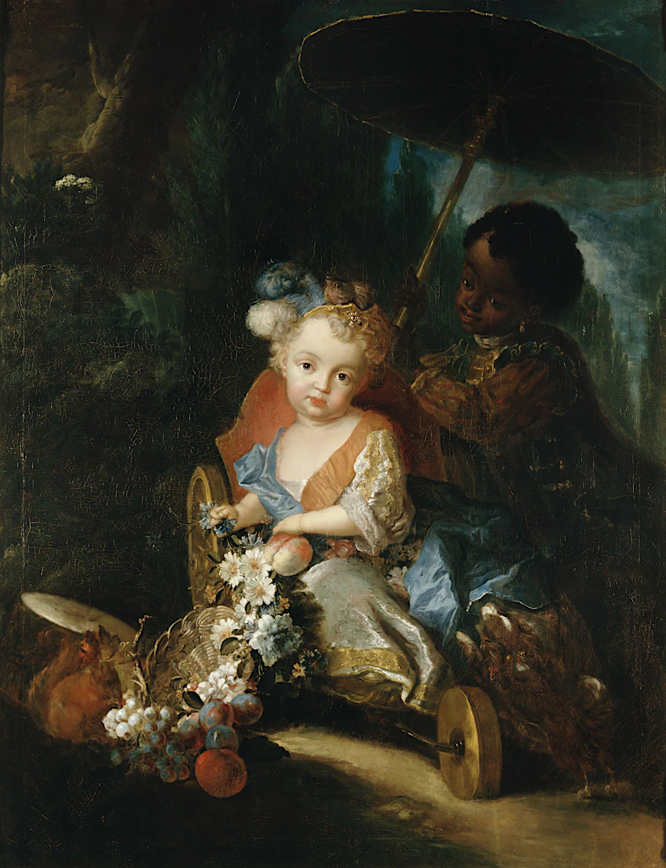 Das in der Ausstellung in Charlottenburg gezeigte Gemälde von Antoine Pesne, „Prinz Friedrich Ludwig in Preußen (1707–1708) im Gartenwagen mit schwarzem Kammerdiener“, entstand 1711.