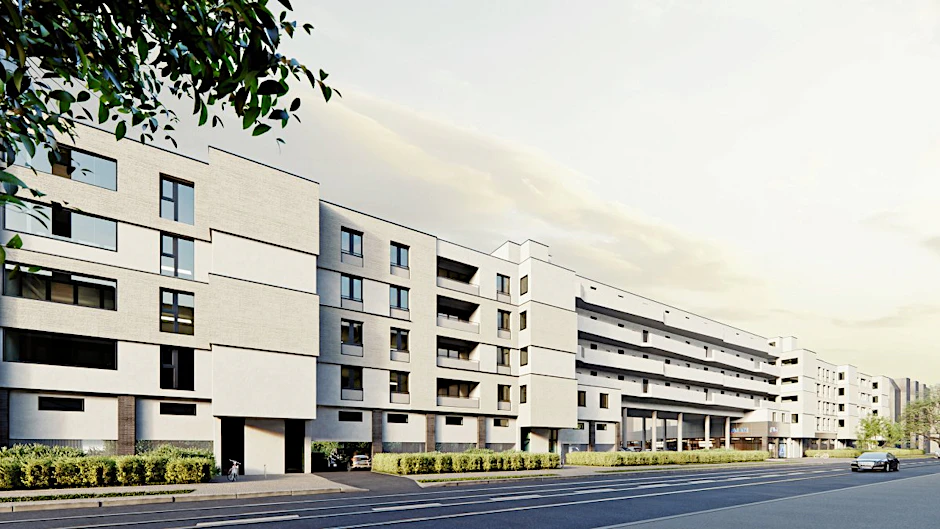 So sieht der neue Block mit Wohnungen oben und Aldi-Markt (unten rechts) an der Pankower Dietzgenstraße in einer Visualisierung der Architekten aus.