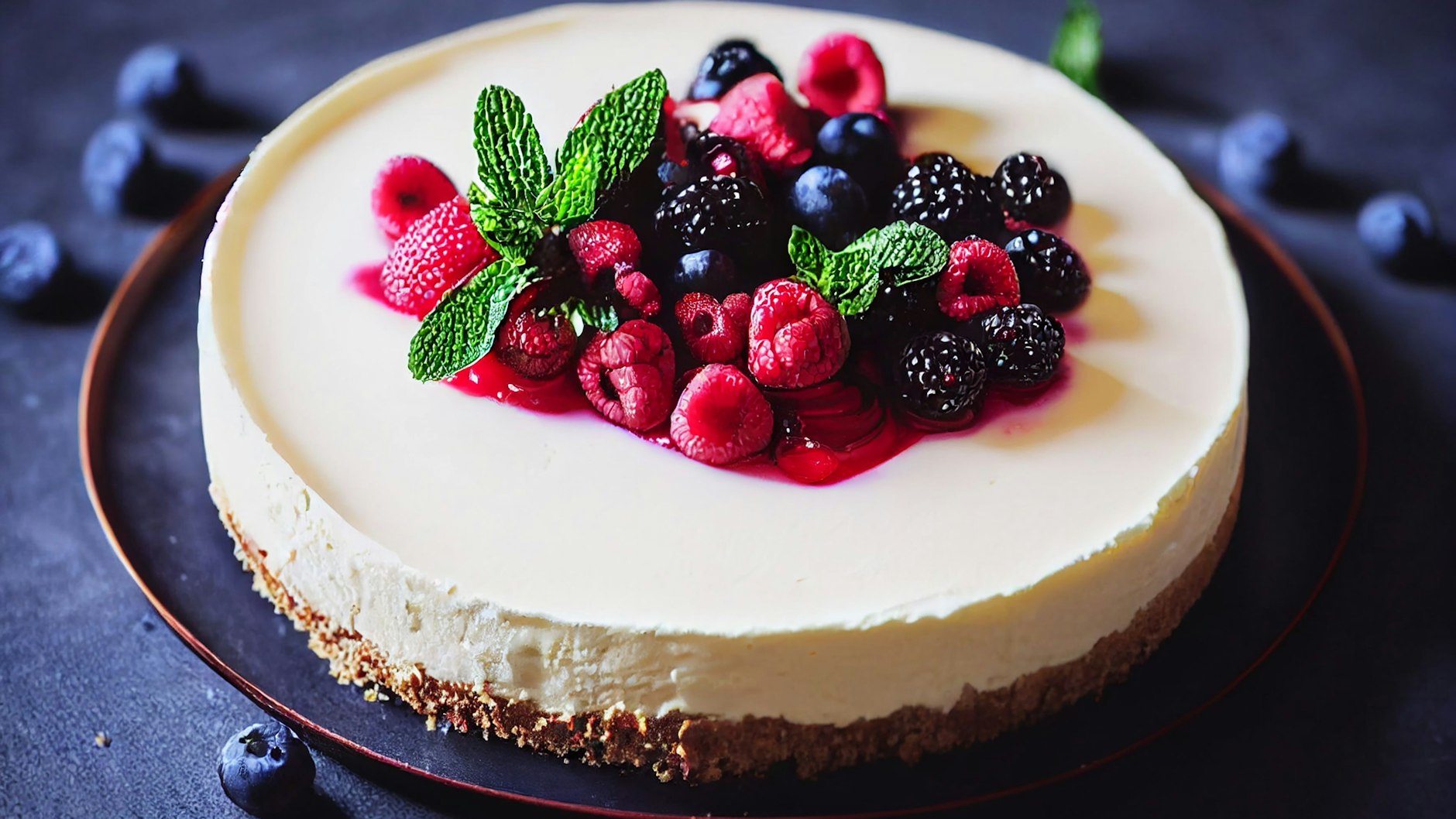 Den Käsekuchen kann man mit frischen Früchten servieren.