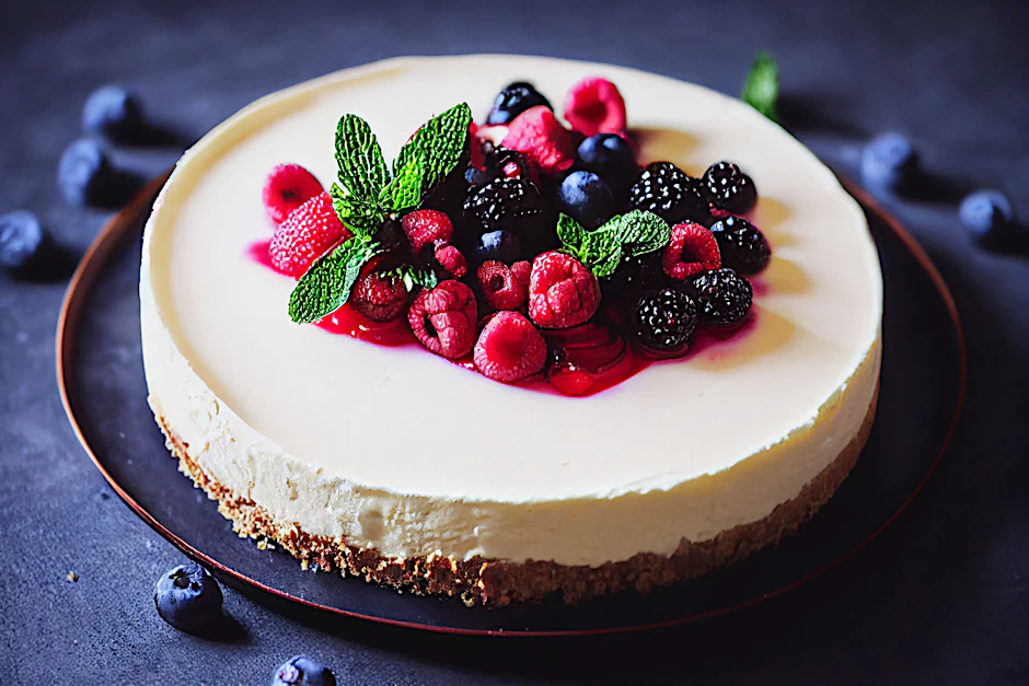 Den Käsekuchen kann man mit frischen Früchten servieren.