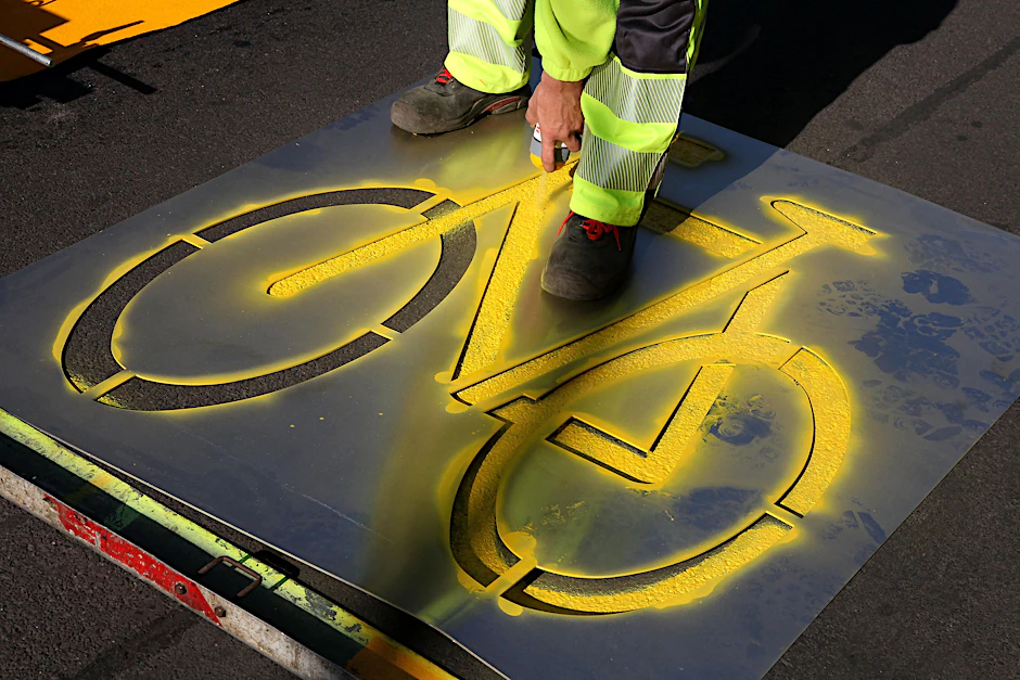 Ein Bauarbeiter sprüht ein Radwegsymbol auf den Asphalt der Frankfurter Allee in Friedrichshain. Sie war eine der ersten Straßen, die 2020 mit einem Pop-up-Radweg versehen wurden.