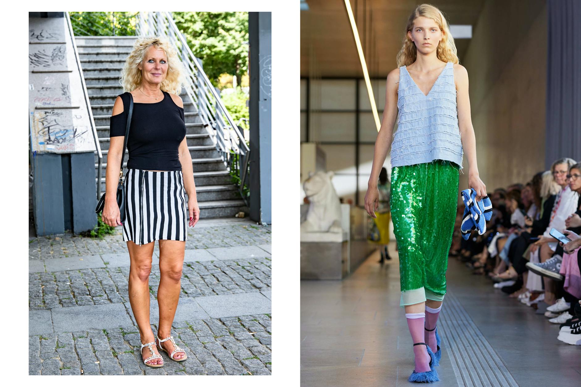 <strong>Jecce Jensen aus Kopenhagen, 56 Jahre alt, über einen Look von Odeeh: </strong>„Ich mag das Top. Aber die lilafarbenen Strümpfe gefallen mir gar nicht. Bei uns in Dänemark haben die Models immer richtige Schuhe an, und nicht welche, wo man die Strümpfe so doll sieht. Auch der Rock ist mir ein bisschen zu extrem. Aber ich glaube, dieser Stil passt gut zu Berlin, besser als zu Kopenhagen auf jeden Fall. Hier kleiden sich die Menschen etwas extremer. Das sehen wir hier jedenfalls auf der Straße.“