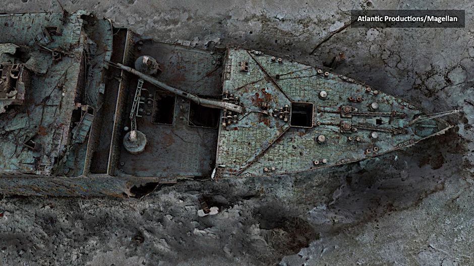 Der 3D-Scan zeigt den vorderen Teil des Wracks der Titanic auf dem Meeresgrund.