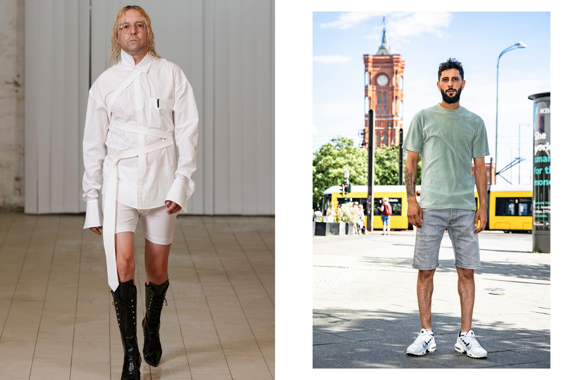 <strong>Volkan Zafer aus Neukölln, 35 Jahre alt, über einen Look von Richert Beil: </strong>„Vom Stil her ist es nicht meins. Aber so sieht die Mode heute eben aus und das ist ja auch nicht verkehrt, weil auch Marken wie Dior, Louis Vuitton oder Balenciaga ganz unterschiedliche Stile betrachten. Mir wäre das aber zu gewagt. Das Hemd an sich ist zwar nicht verkehrt, aber mir gefallen die vielen Schlaufen nicht. Genauso wie die Schuhe, die würde ich gerade jetzt im Sommer nicht tragen. Ich bin auch kein Freund von Radlerhosen, ich trage auch keine Skinny Jeans oder andere enge Modelle. Dass das Outfit von einem älteren Model vorgeführt wird, stört micht gar nicht. Mode hat nichts mit dem Alter zu tun.“