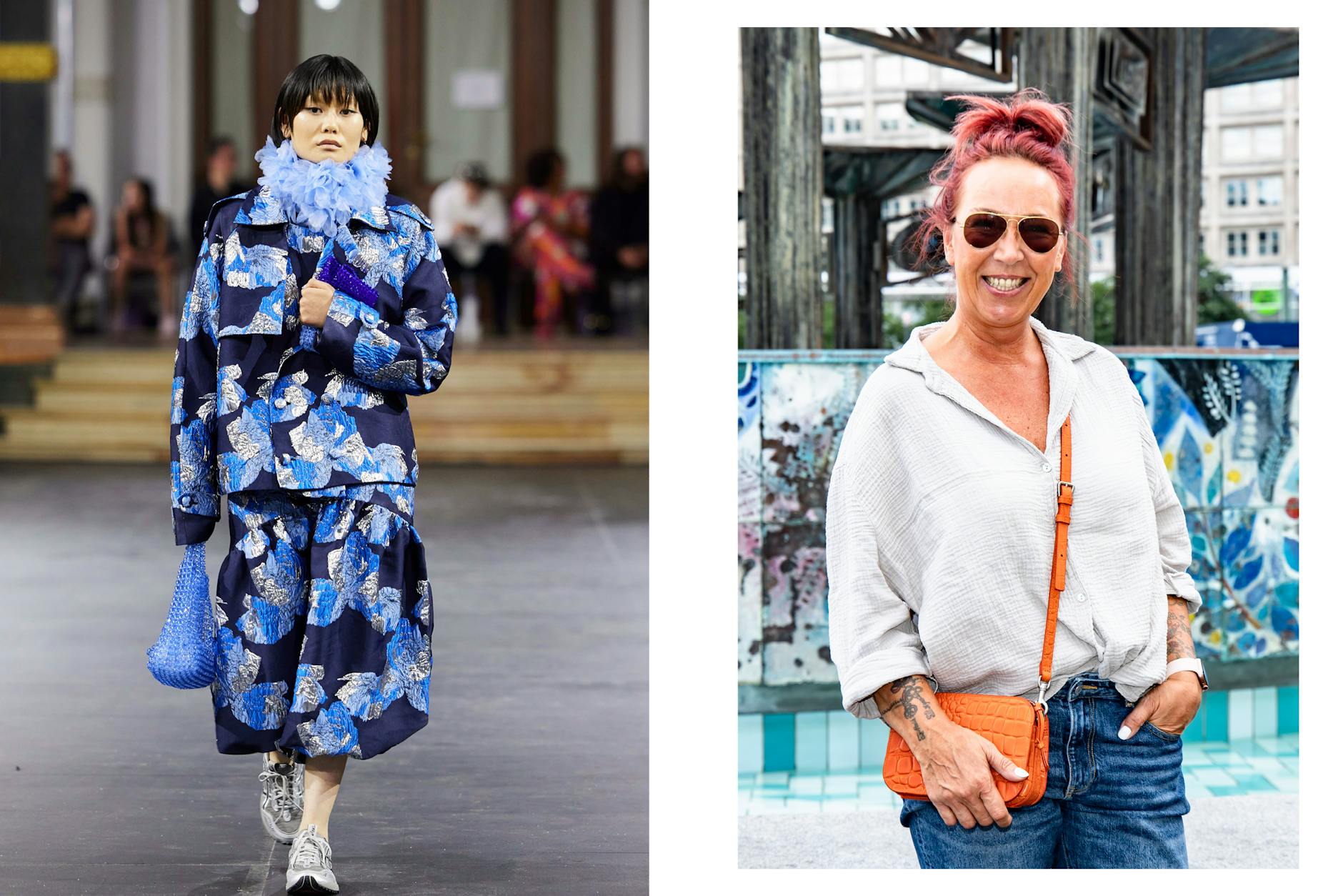 <strong>Tanja Isleck aus Wedding, 50 Jahre alt, über einen Look von William Fan: </strong>„Also mit gefällt das. Erstens mal, weil der Schnitt nicht so figurbetont ist. Das heißt, ihn können mehr Frauen mit unterschiedlichen Körpern tragen. Und das Muster finde ich gut. Ob das wirklich ein gutes Outfit für den Sommer ist, kommt auf den Stoff an. Wenn er schön dünn ist, würd ich das auch jetzt in der Hitze tragen. Ob das der typische Berliner Stil? Hier gibt es ja alles, jeder hat einen eigenen Style, es gibt von allem etwas. Ich find’s super.“