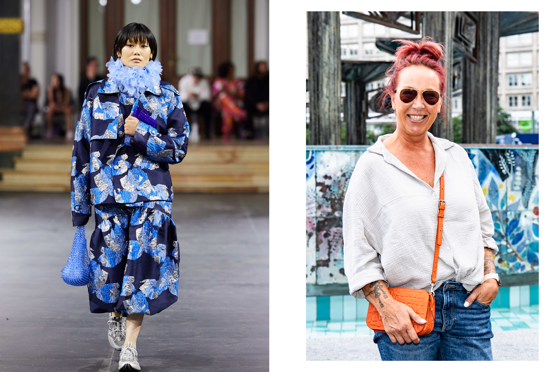 <strong>Tanja Isleck aus Wedding, 50 Jahre alt, über einen Look von William Fan: </strong>„Also mit gefällt das. Erstens mal, weil der Schnitt nicht so figurbetont ist. Das heißt, ihn können mehr Frauen mit unterschiedlichen Körpern tragen. Und das Muster finde ich gut. Ob das wirklich ein gutes Outfit für den Sommer ist, kommt auf den Stoff an. Wenn er schön dünn ist, würd ich das auch jetzt in der Hitze tragen. Ob das der typische Berliner Stil? Hier gibt es ja alles, jeder hat einen eigenen Style, es gibt von allem etwas. Ich find’s super.“