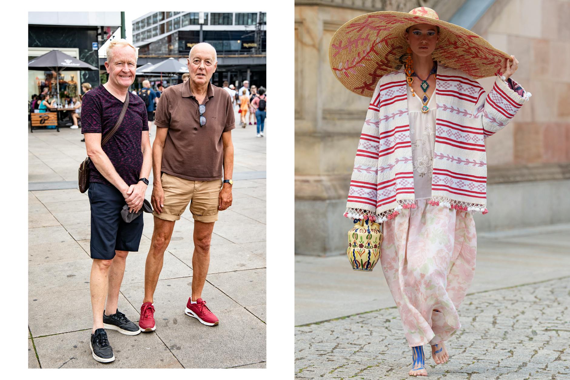 <strong>Jan Keukens aus Den Haag, 71 Jahre alt, und Bert Niemeiier, 69 Jahre alt, aus Haarlem zu einem Look von Rianna+Nina: </strong>„Sieht ein bisschen mexikanisch aus vielleicht. Wegen des Sombreros. Und was trägt sie da in der Hand? Ist das ein Krug? Auf jeden Fall ganz modisch. Sieht gut aus, fröhlich. Ob das gut nach Berlin passt, wissen wir nicht. Wir sind nur eine Woche hier, aber was wir bis jetzt in Berlin gesehen haben, sieht ganz anders aus. Ein bisschen moderner. Nicht, dass dieses Outfit nicht modern ist, aber auf der Straße hier sehen die Leute alternativer auf, ein bisschen mehr nach Szene.“