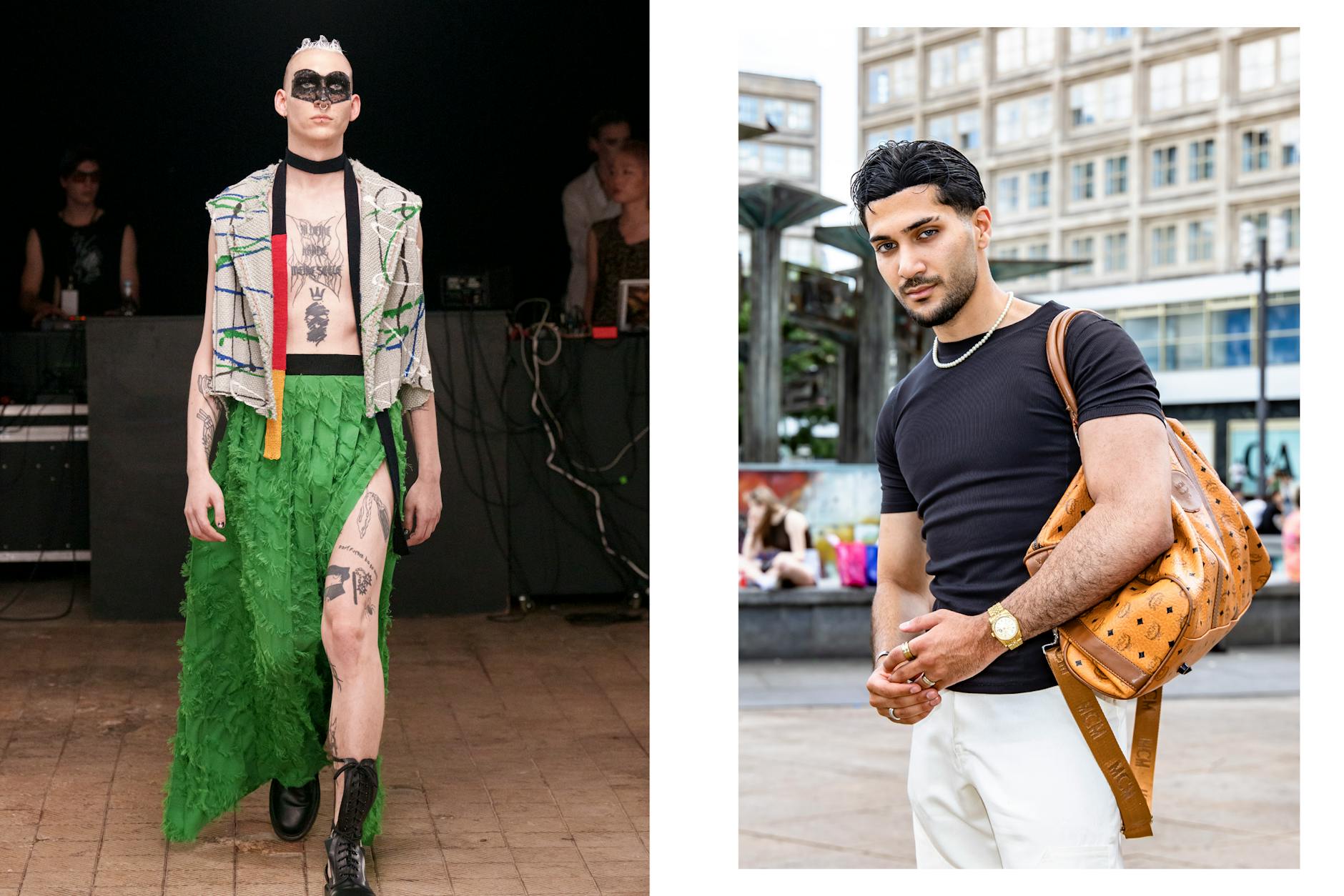 <strong>Ibrahim Aljaf aus Hamburg, 22 Jahre alt, über einen Look von Lucas Meyer-Leclère:</strong> „Ich bin Modedesigner und erkenne natürlich sofort, dass das echte Fashion ist. Aber es ist nicht so meins, ich finde das alles ein bisschen durcheinander. Ein bisschen viele Farben, zu viel grün, ich mag lieber ruhigere Farben wie Schwarz und Weiß. Es ist nicht mein Geschmack, aber schlecht ist es nicht. Passt gut zu Berlin, hier trägt ja jeder, was er will. Ich sehe hier Leute mit vielen Tattoos, manchmal zu viel Make-up, Metall im Gesicht, Nagellack bei Männern und bei Frauen. Niemanden interessiert hier, was die anderen anziehen.“