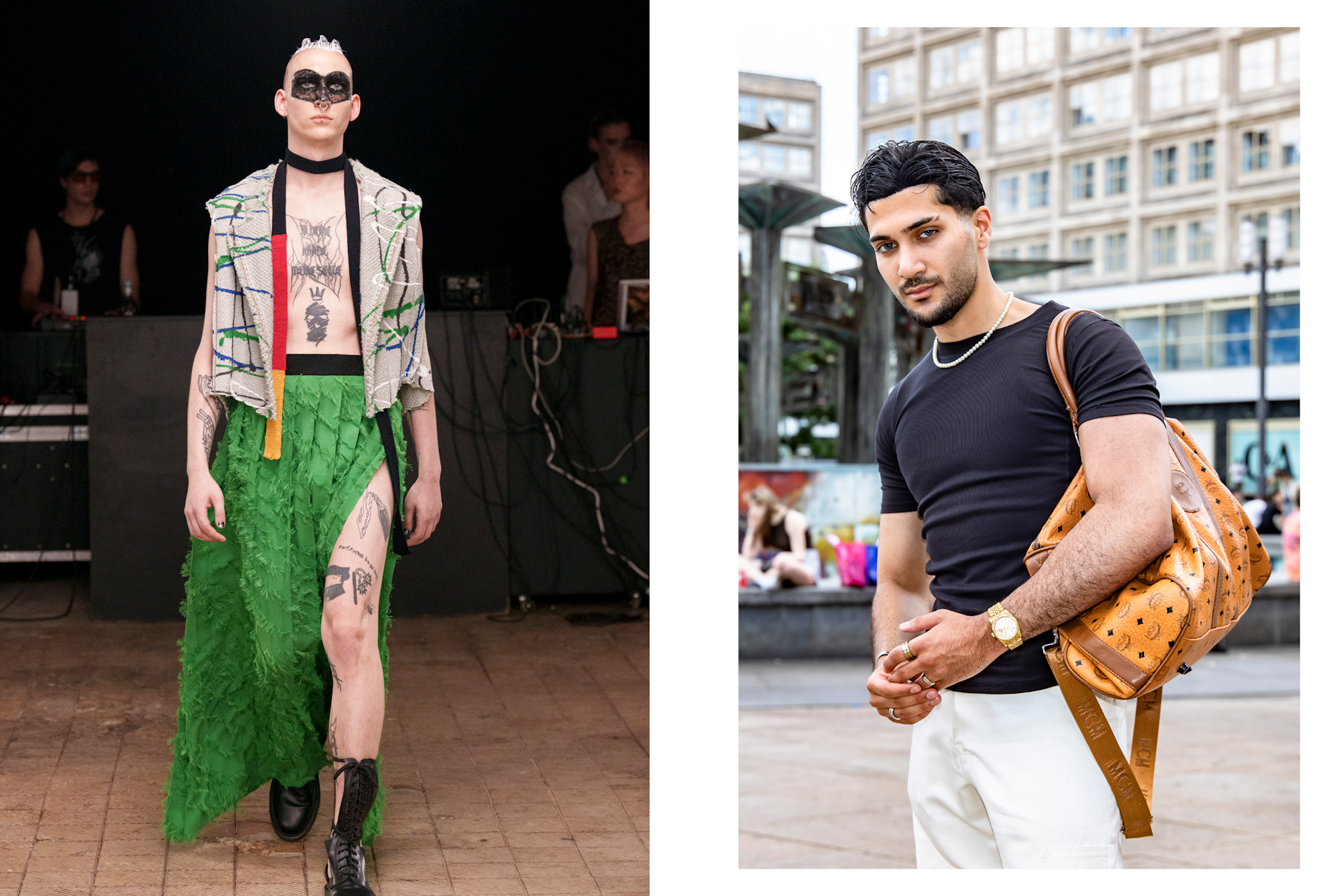 <strong>Ibrahim Aljaf aus Hamburg, 22 Jahre alt, über einen Look von Lucas Meyer-Leclère:</strong> „Ich bin Modedesigner und erkenne natürlich sofort, dass das echte Fashion ist. Aber es ist nicht so meins, ich finde das alles ein bisschen durcheinander. Ein bisschen viele Farben, zu viel grün, ich mag lieber ruhigere Farben wie Schwarz und Weiß. Es ist nicht mein Geschmack, aber schlecht ist es nicht. Passt gut zu Berlin, hier trägt ja jeder, was er will. Ich sehe hier Leute mit vielen Tattoos, manchmal zu viel Make-up, Metall im Gesicht, Nagellack bei Männern und bei Frauen. Niemanden interessiert hier, was die anderen anziehen.“