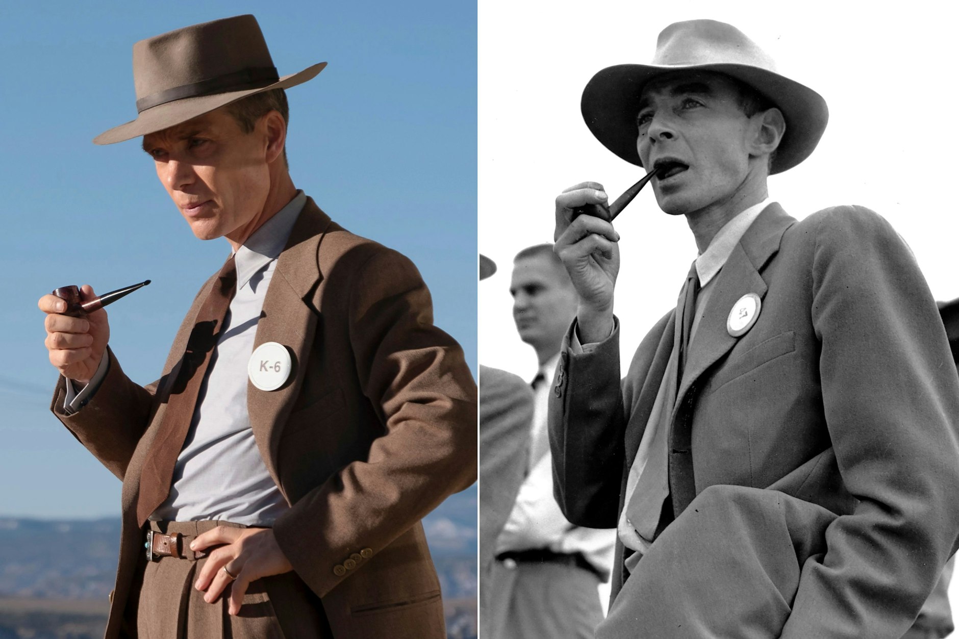 Links Cillian Murphy als Dr. J. Robert Oppenheimer in dem Film von Christopher Nolan, rechts das Original auf dem Atombomben-Testgelände bei Alamogordo im September 1945