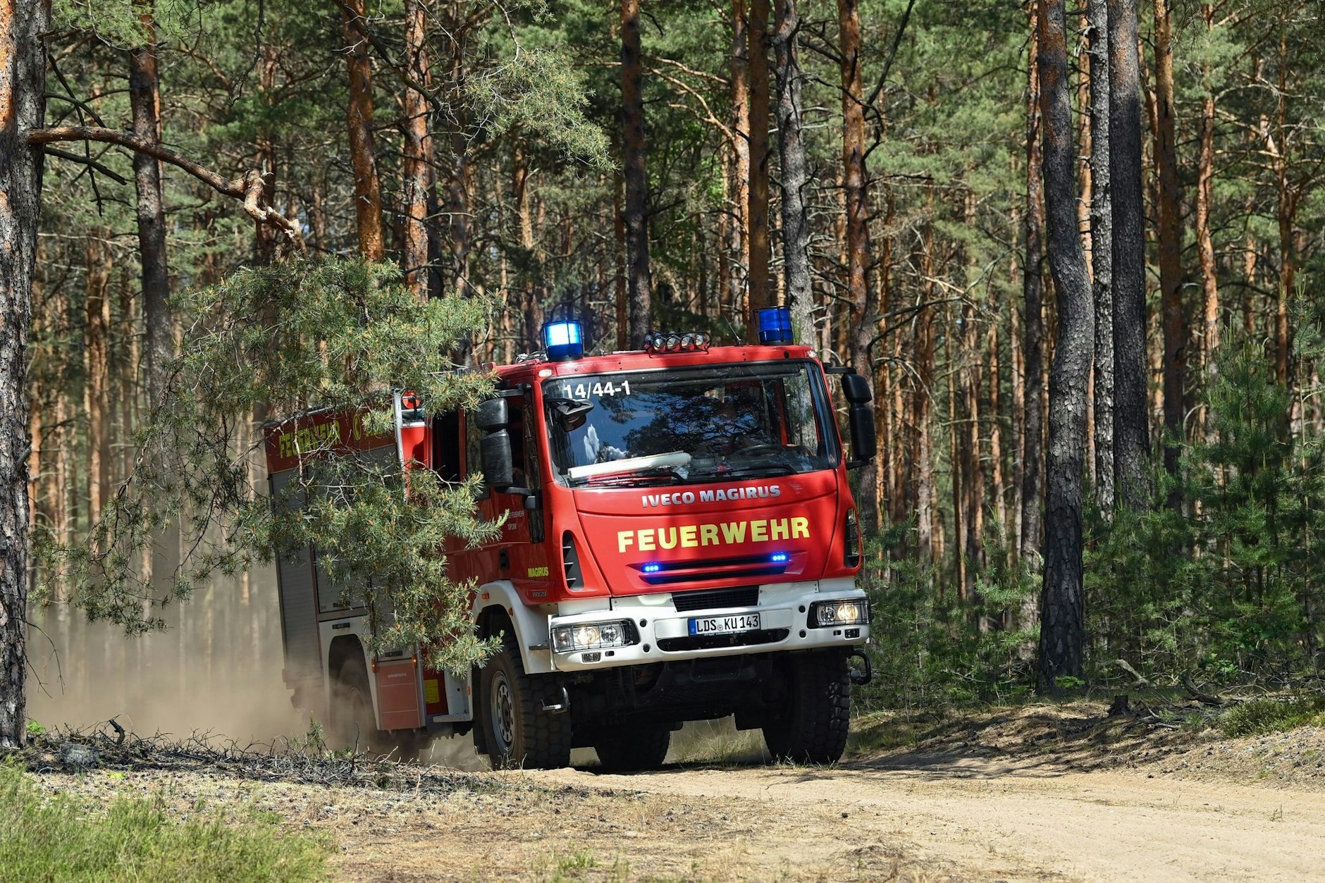 Ein Löschfahrzeug der Feuerwehr fährt in Brandenburg zu einem Einsatz.&nbsp;