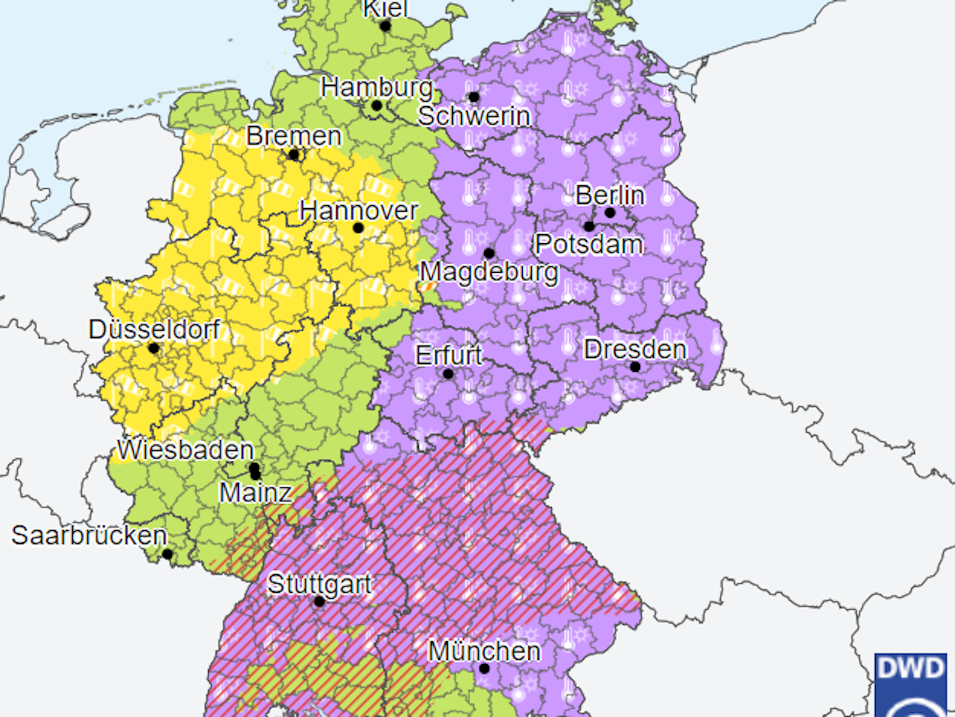 Die Hälfte Deutschlands leuchtet auf der Karte des Deutschen Wetterdienstes lila: Das bedeutet Hitzewarnung.