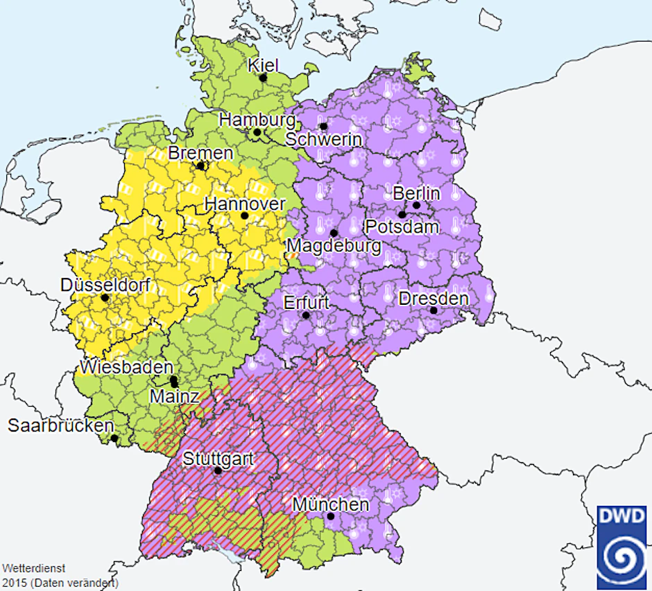 Die Hälfte Deutschlands leuchtet auf der Karte des Deutschen Wetterdienstes lila: Das bedeutet Hitzewarnung.