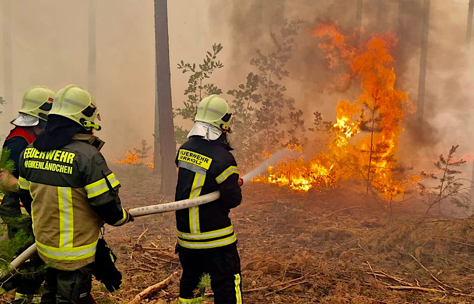 Feuerwehrleute bekämpfen einen Brand bei Halbe (Dahme-Spreewald). Die Feuerwehr ist am Montag zu mehreren Wald- und Feldbränden im Süden Brandenburgs ausgerückt.