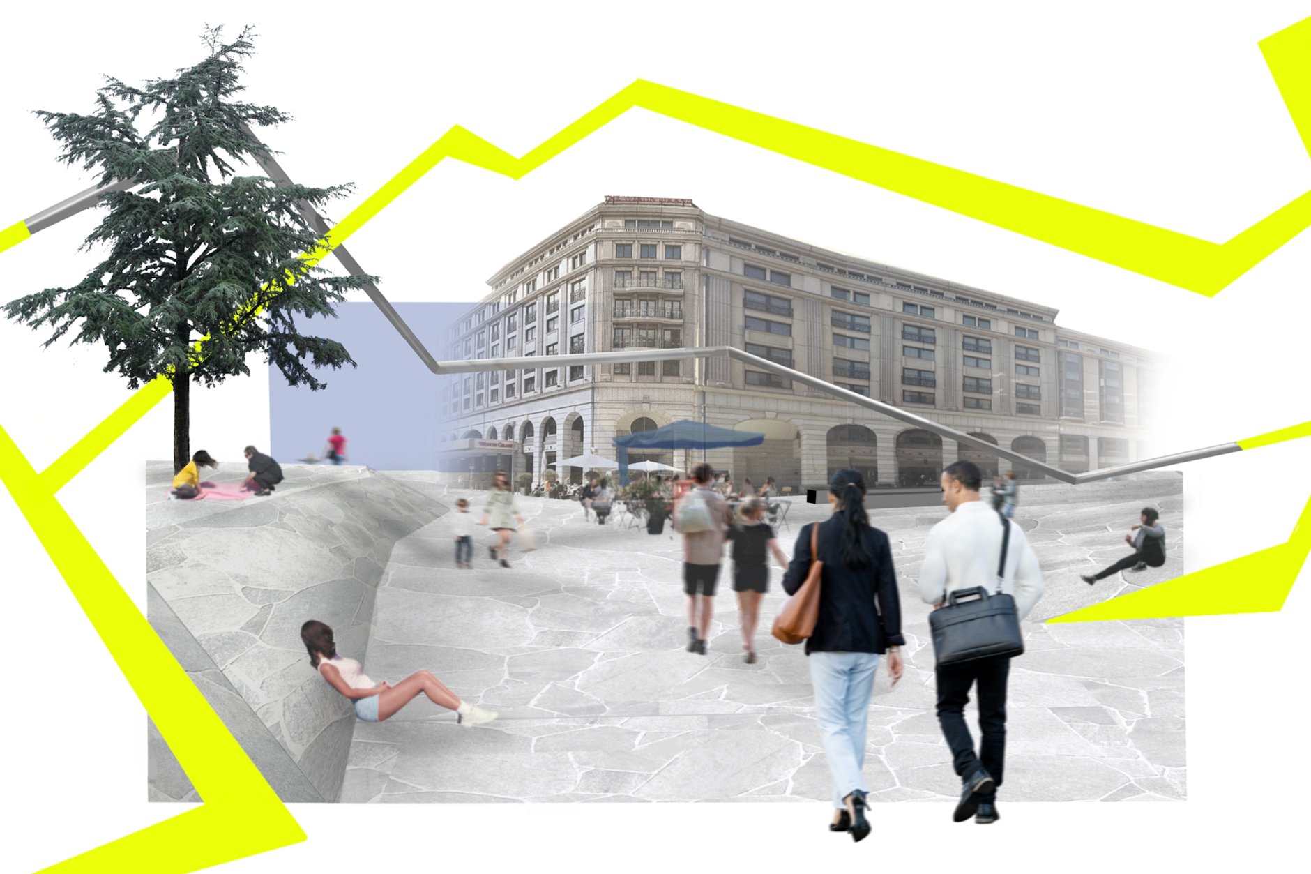 „Friedrich schlägt ein“: Die Friedrichstraße wird zur futuristischen Raumskulptur, mit einem Blitz, Kratern und Schollen. Autoren dieses Entwurfs sind Lara Louisa Carle, Hélène Hang, Heinz Hillenhagen sowie Julia Krajnik.