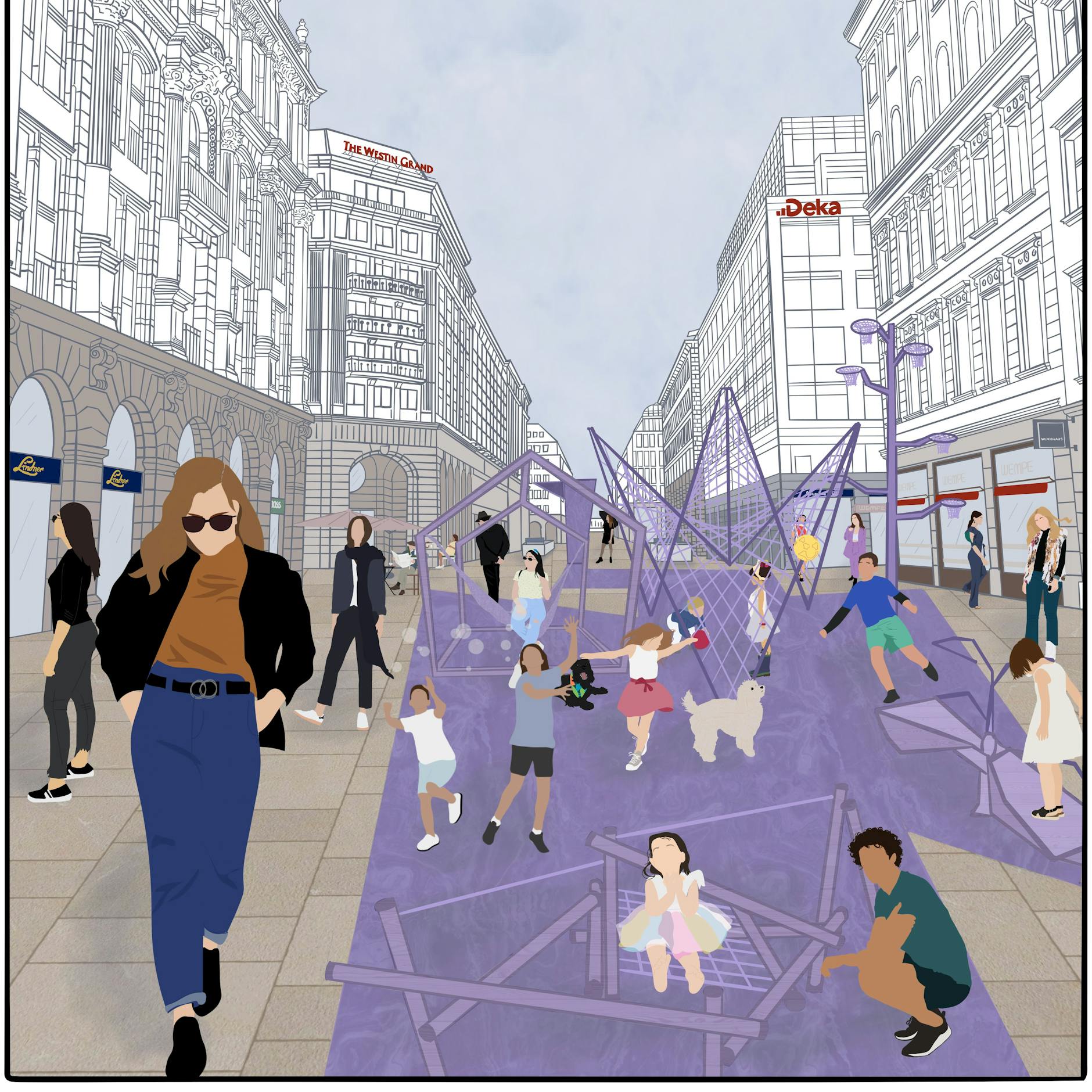 „An einem Band“: Ein lila Band aus Beton (im Boden) gehört zu den verbindenden Elementen. Hier der Sportbereich im Entwurf vom Danyh Shrair, Fanny Winkler, Jimin Yoo und Janna Buttstädt.